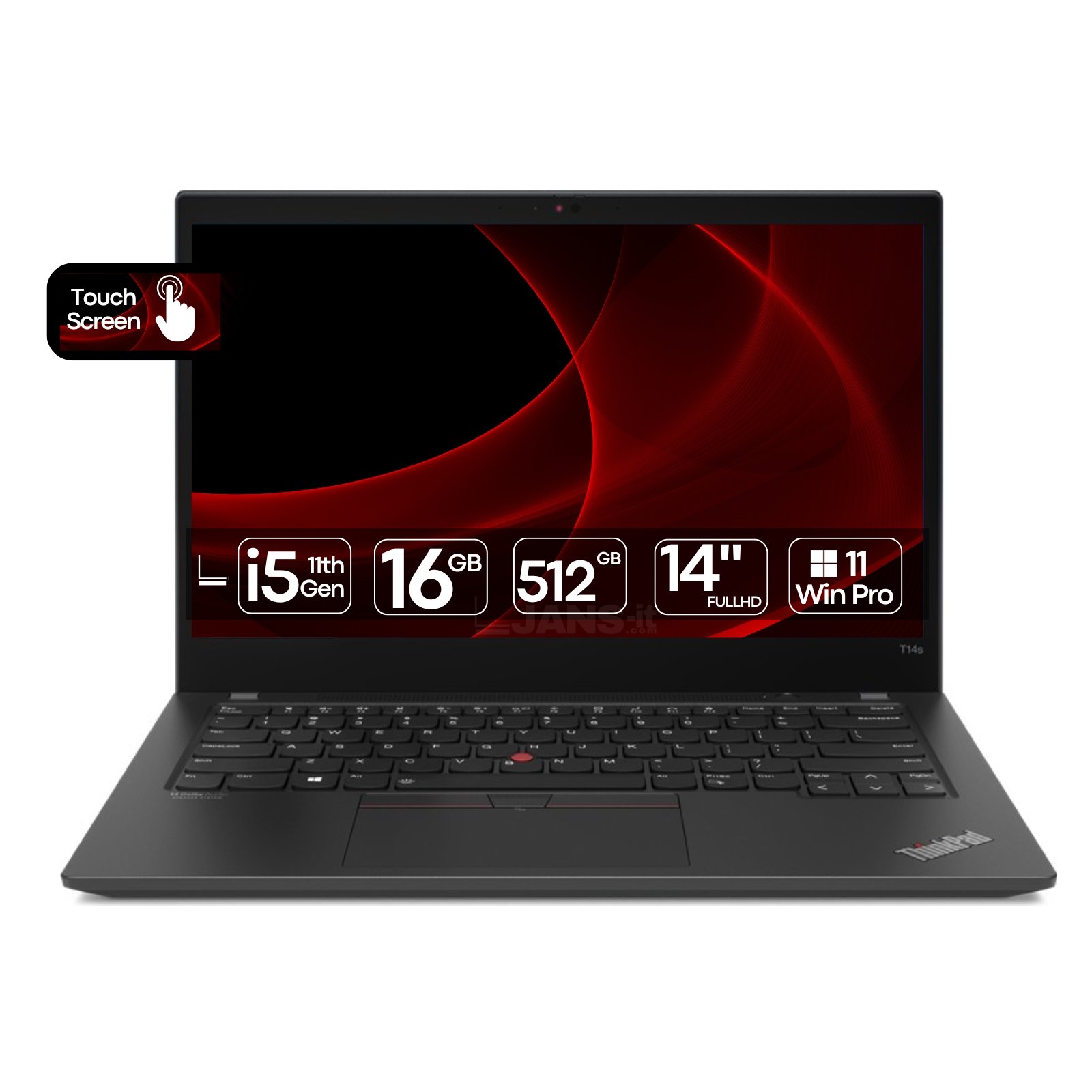 Portátil Lenovo ThinkPad T14s Gen 2 touchscreen recondicionado JANSit – Portátil profissional ultraportátil com processador Intel Core i5 e ecrã tátil de 14 polegadas. Vista frontal do equipamento aberto, exibindo o teclado ergonómico e o TrackPoint vermelho característico. Com garantia JANSit.