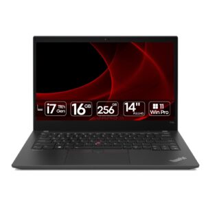 Portátil Lenovo ThinkPad T14s Gen 2 recondicionado JANSit – Portátil profissional ultrafino de 14 polegadas com processador Intel Core i7 e 16GB de RAM. Vista frontal do equipamento aberto, exibindo o ecrã antirreflexo de alta qualidade, teclado em português com o icónico TrackPoint vermelho, trackpad e acabamento premium em preto mate. Com garantia JANSit.