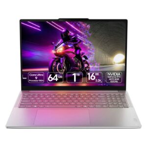 Portátil Lenovo Yoga Pro 9 recondicionado JANSit – Portátil premium de 16 polegadas para criadores com gráfica NVIDIA GeForce RTX 4070. Vista frontal do equipamento aberto, exibindo o ecrã brilhante de molduras ultrafinas, teclado retroiluminado em português, grelhas de som laterais e chassis em alumínio cinzento. Com garantia JANSit.