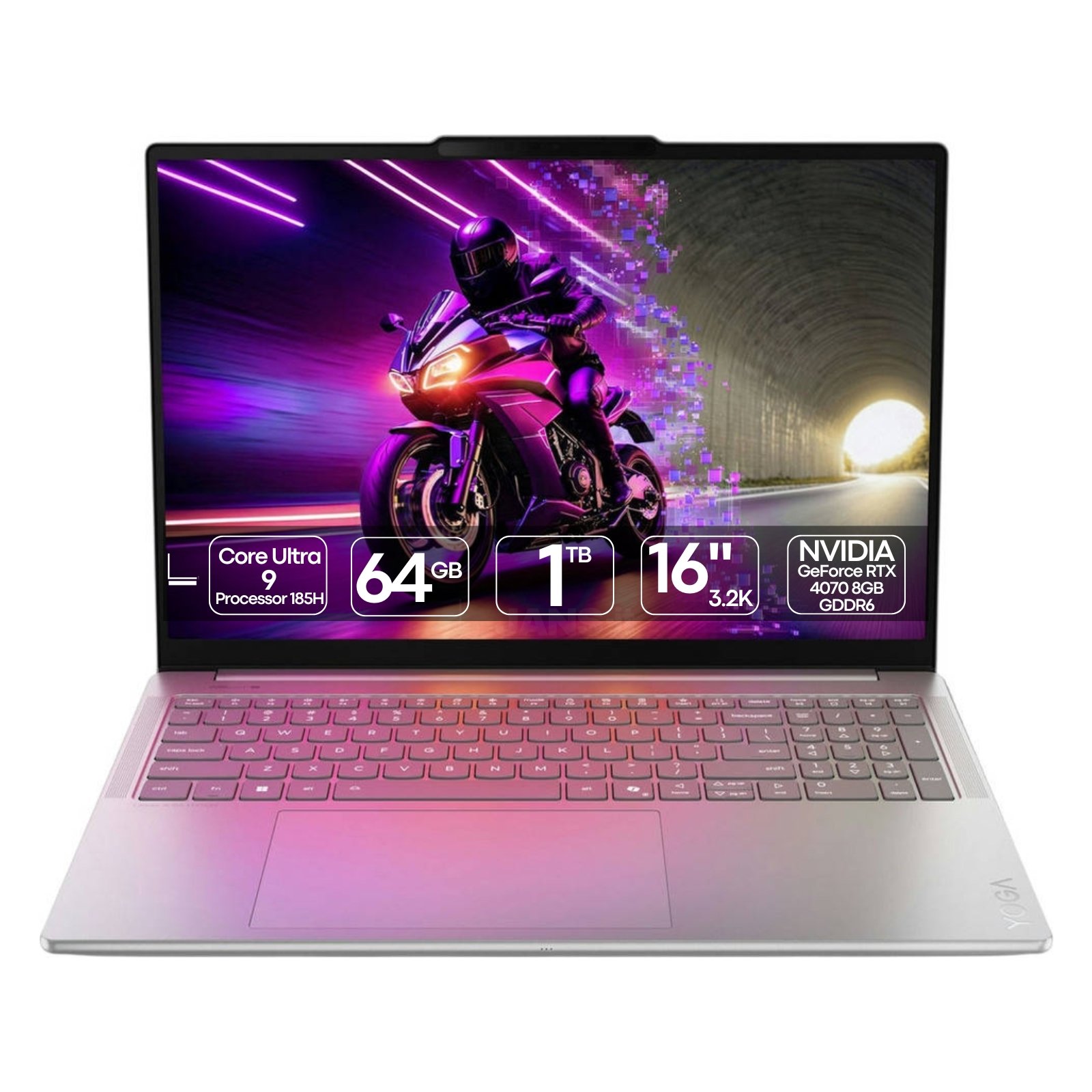 Portátil Lenovo Yoga Pro 9 recondicionado JANSit – Portátil premium de 16 polegadas para criadores com gráfica NVIDIA GeForce RTX 4070. Vista frontal do equipamento aberto, exibindo o ecrã brilhante de molduras ultrafinas, teclado retroiluminado em português, grelhas de som laterais e chassis em alumínio cinzento. Com garantia JANSit.