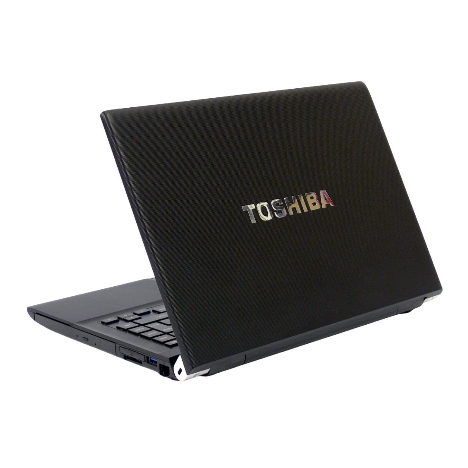 Portátil Toshiba Tecra R840-110 recondicionado JANSit – Vista traseira do portátil de 14 polegadas, exibindo o acabamento preto texturado do chassis, as dobradiças metálicas reforçadas de alta durabilidade e o perfil do equipamento. Com garantia JANSit.
