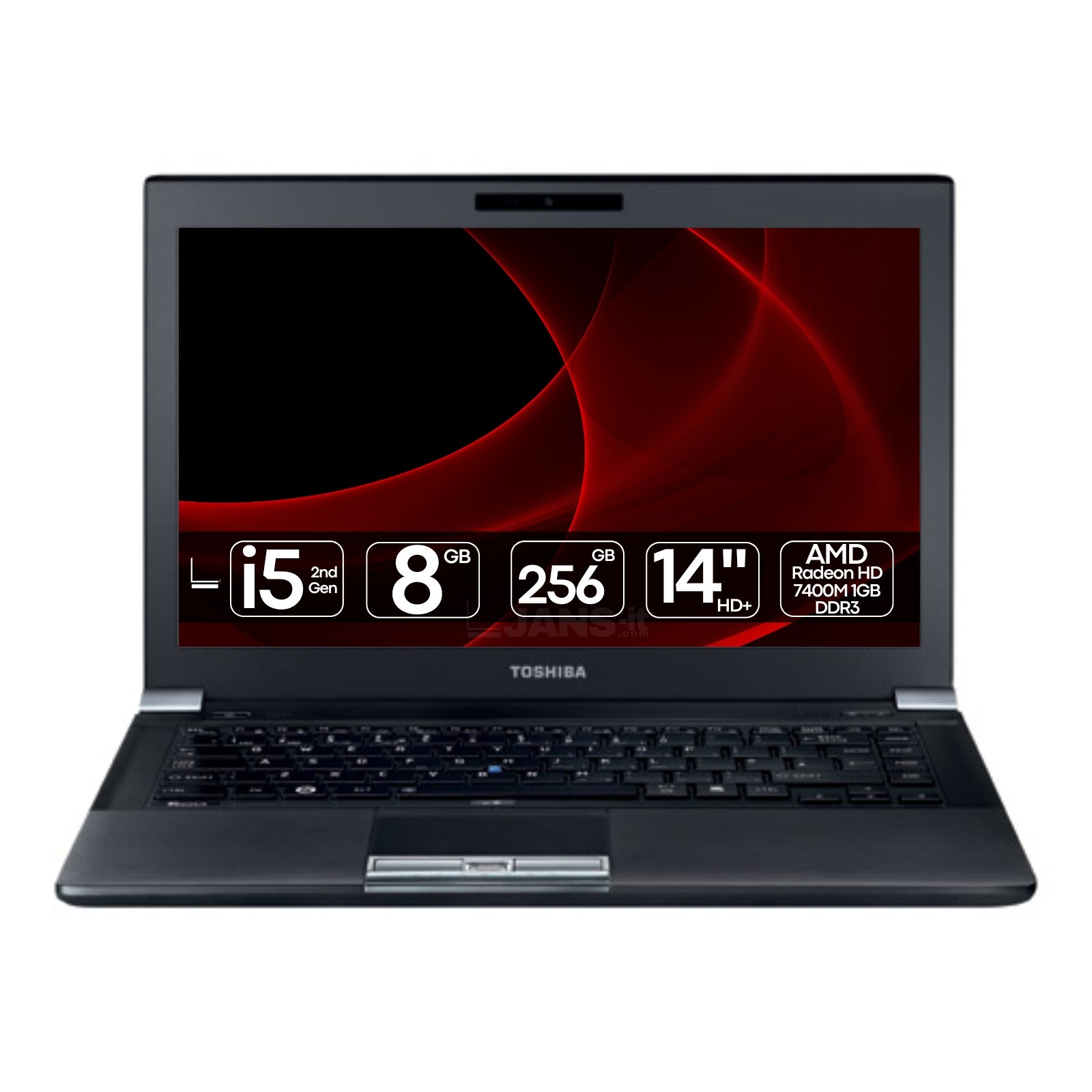 Portátil Toshiba Tecra R840-110 recondicionado JANSit – Portátil de 14 polegadas com processador Intel Core i5 e gráfica dedicada AMD Radeon HD 7400M. Vista frontal do equipamento aberto, exibindo o ecrã antirreflexo, teclado em português e chassis preto texturado. Com garantia JANSit.