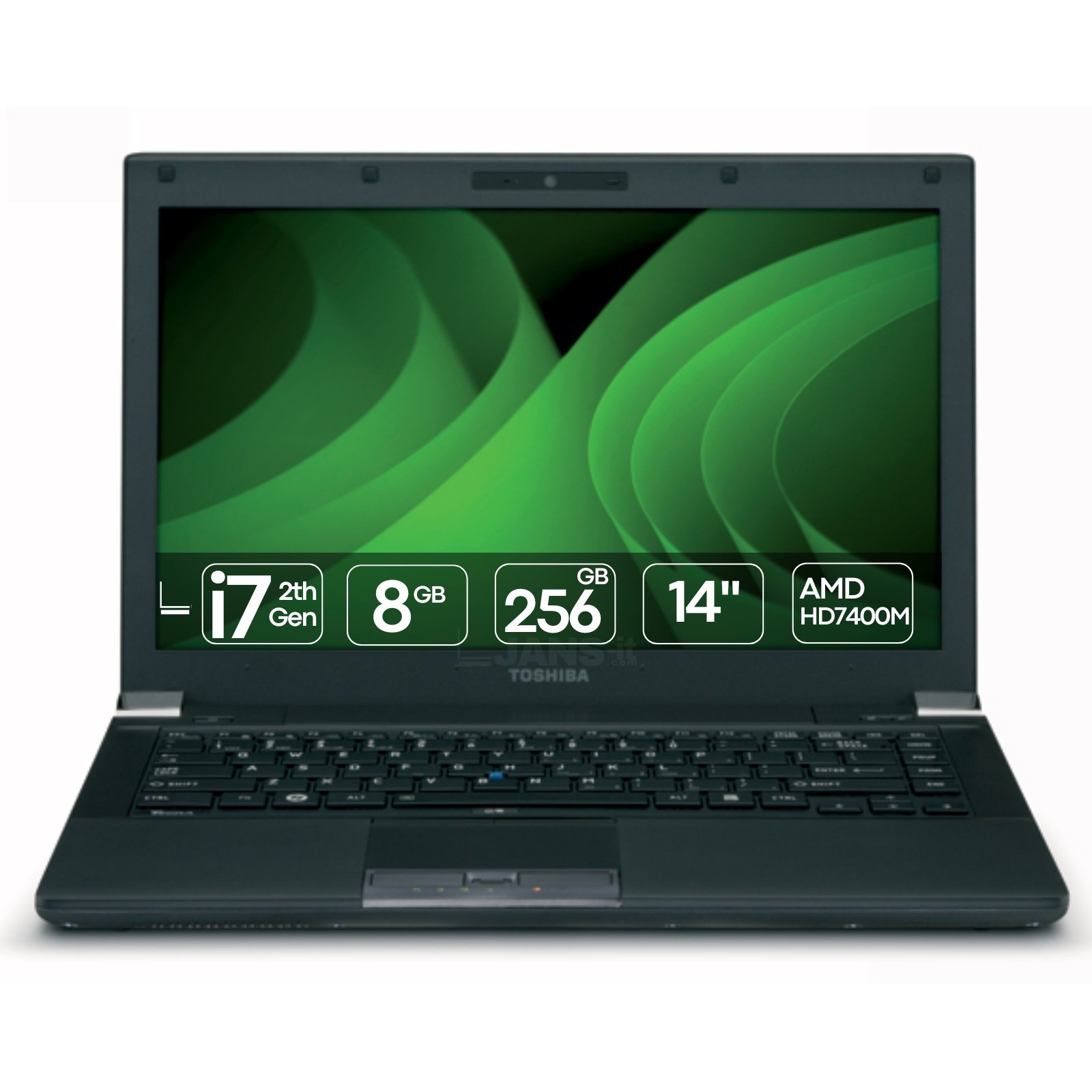 Imagem principal do portátil recondicionado Toshiba Tecra R840-16J. Esta fotografia em perspetiva frontal foca no ecrã de alta nitidez, no teclado ergonómico e no chassi leve e resistente com acabamento profissional. Uma solução acessível e fiável disponível na JANSit, ideal para tarefas diárias de escritório, navegação na internet e estudo.