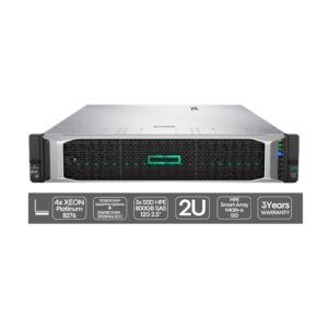 Servidor HP ProLiant DL560 Gen10 recondicionado JANSit – Servidor em rack 2U de alta densidade com 4 processadores Intel Xeon Platinum 8276 e 3 SSDs HPE de 800GB. Vista frontal, exibindo as baias de discos Hot-Plug SFF, grelhas de ventilação, painel de LED de diagnóstico e abas de fixação para rack. Com garantia JANSit.