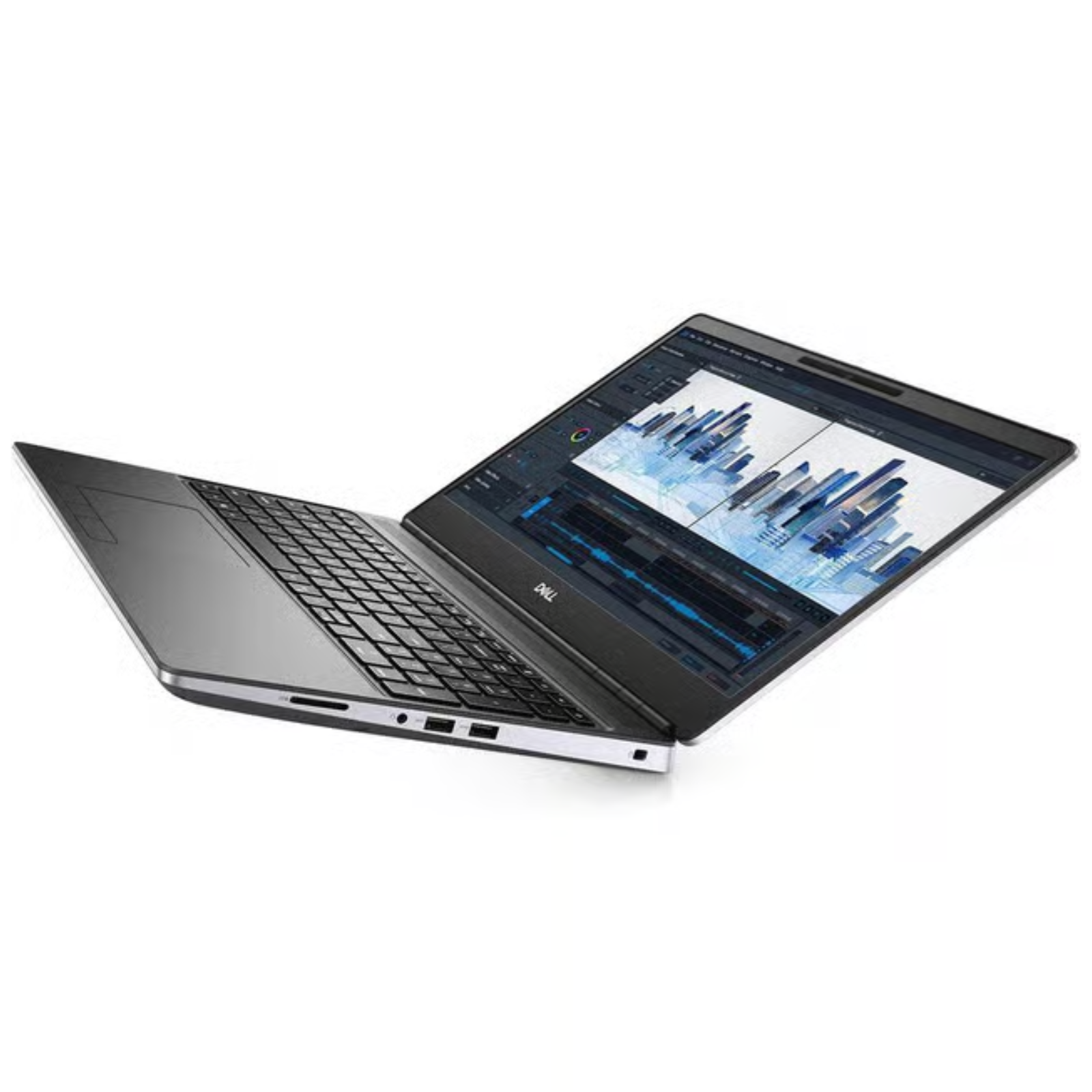 Detalhe da lateral direita da workstation portátil recondicionada Dell Precision 7560. Esta imagem destaca as conexões de produtividade, incluindo portas USB 3.2 Gen 1 com PowerShare, leitor de cartões SD em tamanho real, tomada combinada para auscultadores/microfone e ranhura de bloqueio de segurança. Uma estação de trabalho completa disponível na JANSit, perfeita para fotógrafos e criadores de conteúdo que necessitam de leitura direta de cartões de memória.