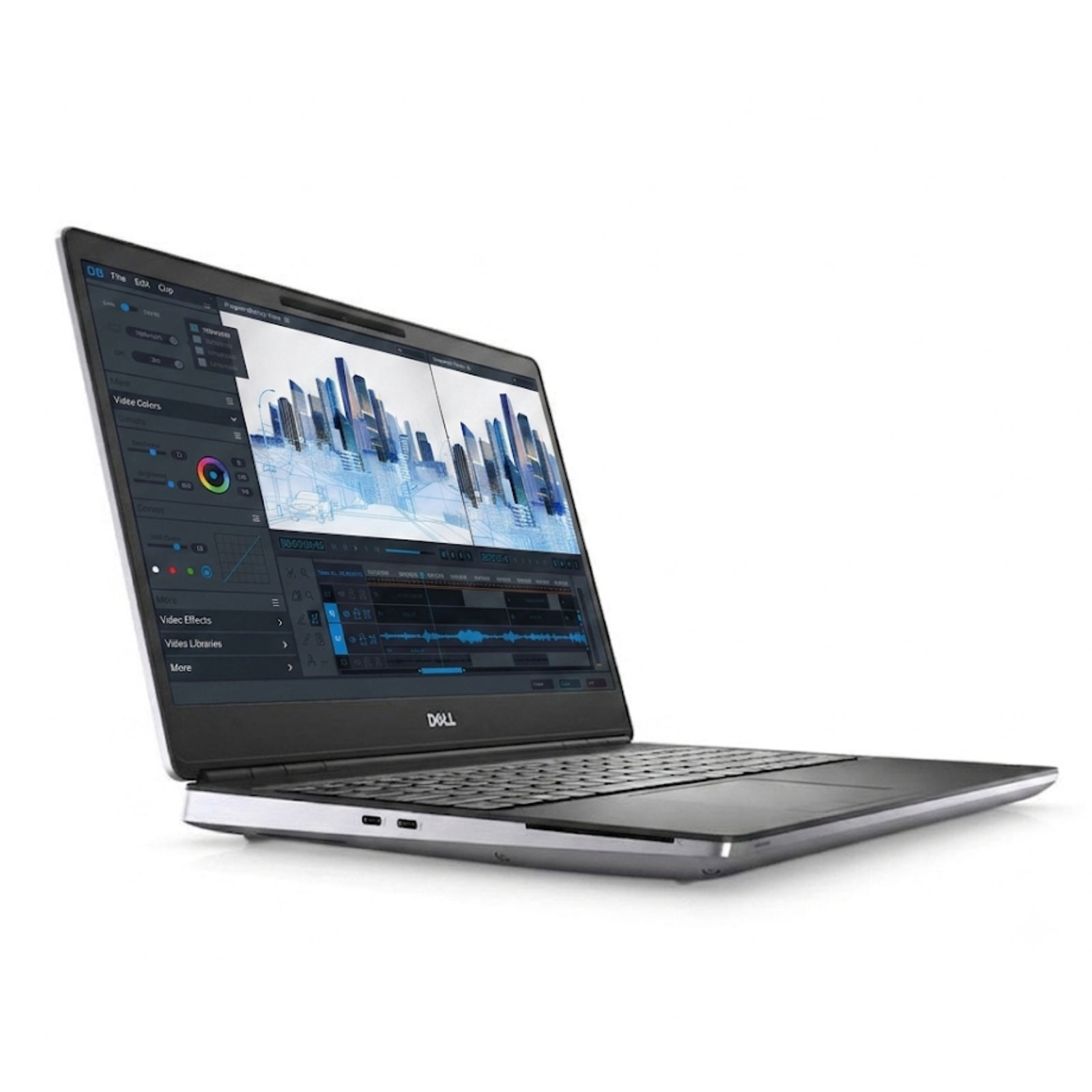 Detalhe da lateral esquerda da workstation portátil recondicionada Dell Precision 7560. Esta imagem destaca o chassi de alumínio reforçado, a grelha de ventilação de alto rendimento, duas portas USB-C Thunderbolt 4 e o leitor de cartões Smart Card. Um equipamento de alta performance disponível na JANSit, perfeito para profissionais que exigem máxima velocidade na transferência de dados e ligação a múltiplas docks e monitores externos.
