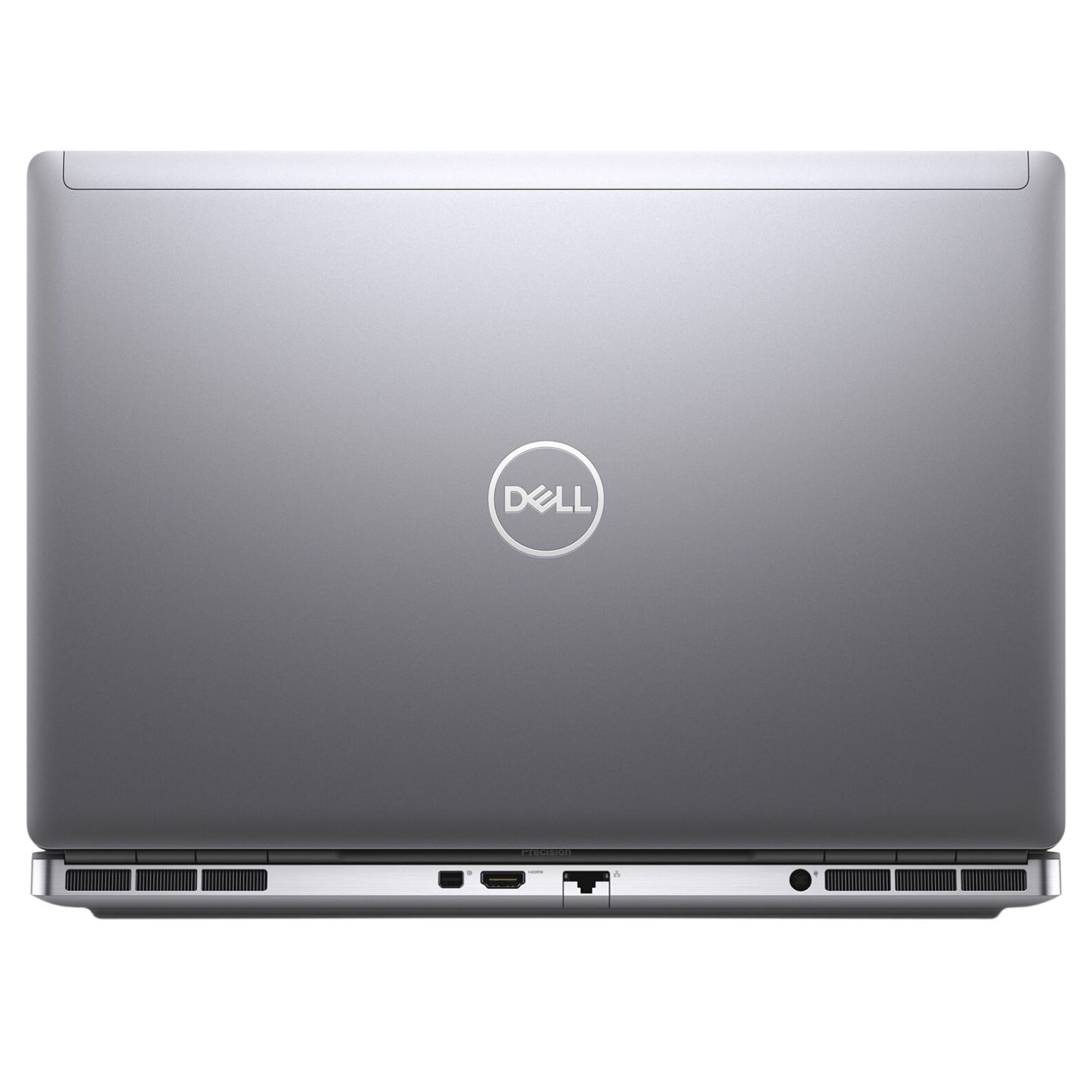 Detalhe da parte traseira da workstation portátil recondicionada Dell Precision 7560. Esta imagem destaca as conexões de alta velocidade estrategicamente posicionadas na traseira — incluindo saída HDMI 2.1, Mini DisplayPort 1.4, porta de rede Gigabit Ethernet RJ-45 e conector de alimentação —, além das duplas grelhas de ventilação térmicas. Uma estação de trabalho móvel de topo disponível na JANSit, concebida para uma gestão de cabos limpa e máxima eficiência em secretárias profissionais.