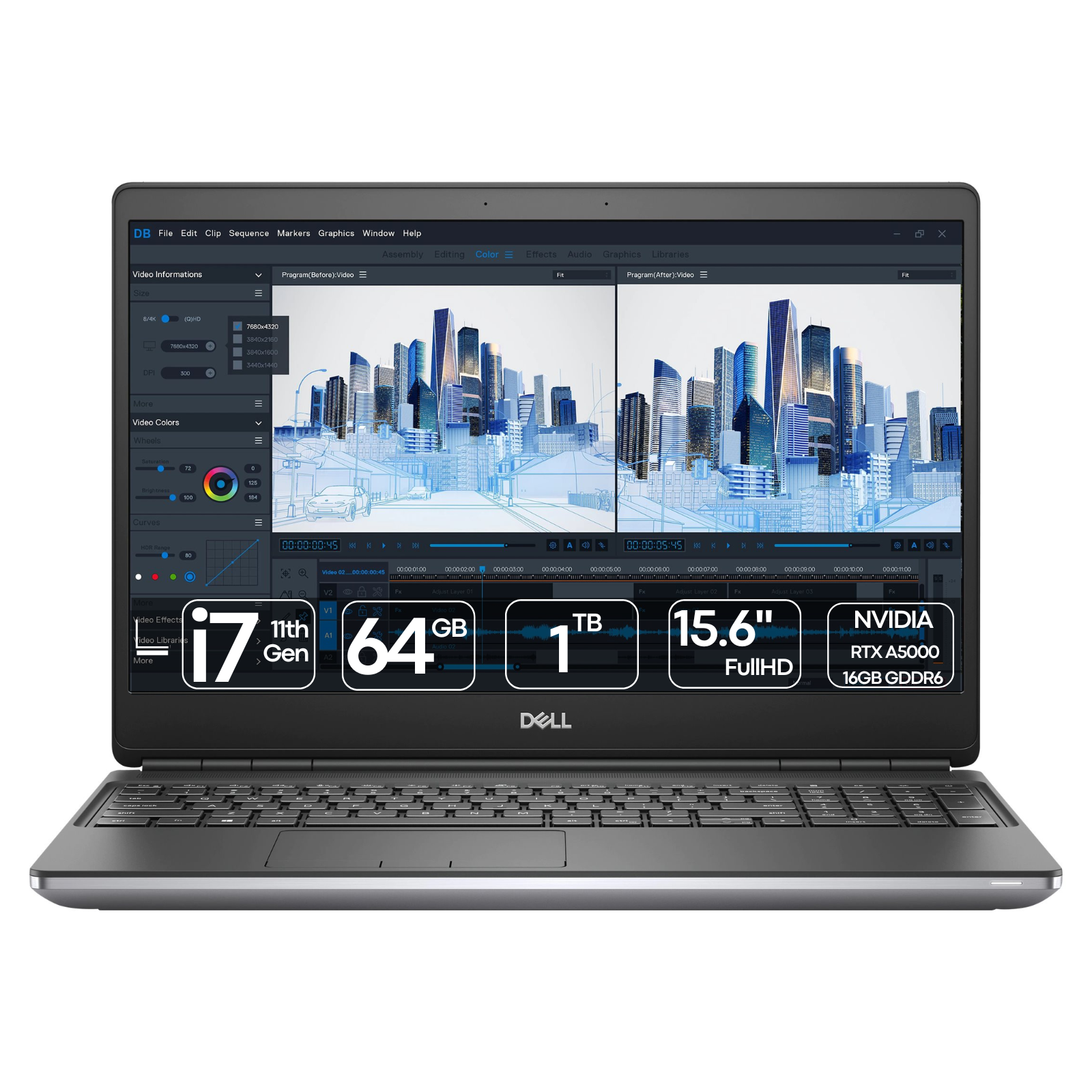 Imagem principal da workstation portátil recondicionada Dell Precision 7560. Esta fotografia em perspetiva frontal foca no ecrã de 15.6 polegadas, no teclado ergonómico com teclado numérico e no chassi robusto de padrão profissional. Uma estação de trabalho móvel de alta gama disponível na JANSit, ideal para engenharia, modelação 3D, edição de vídeo avançada e arquitetura.