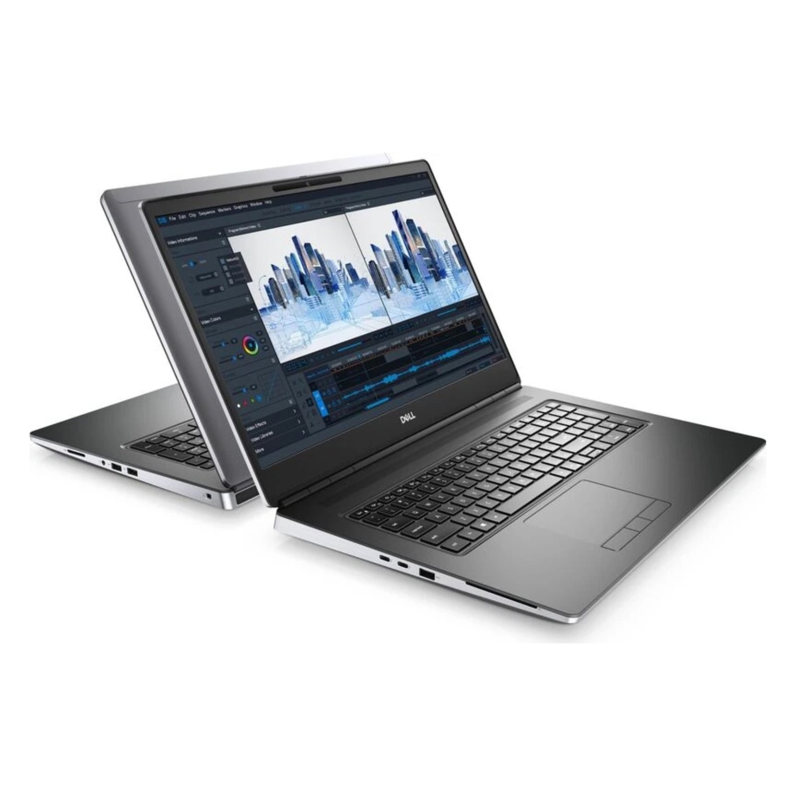 Workstation Portátil Dell Precision 7760 recondicionado JANSit – Vista lateral da estação de trabalho móvel de 17,3 polegadas, exibindo o perfil robusto do chassis cinzento, portas USB Type-A de alta velocidade, leitor de cartões inteligente e grelhas laterais de ventilação. Com garantia JANSit.