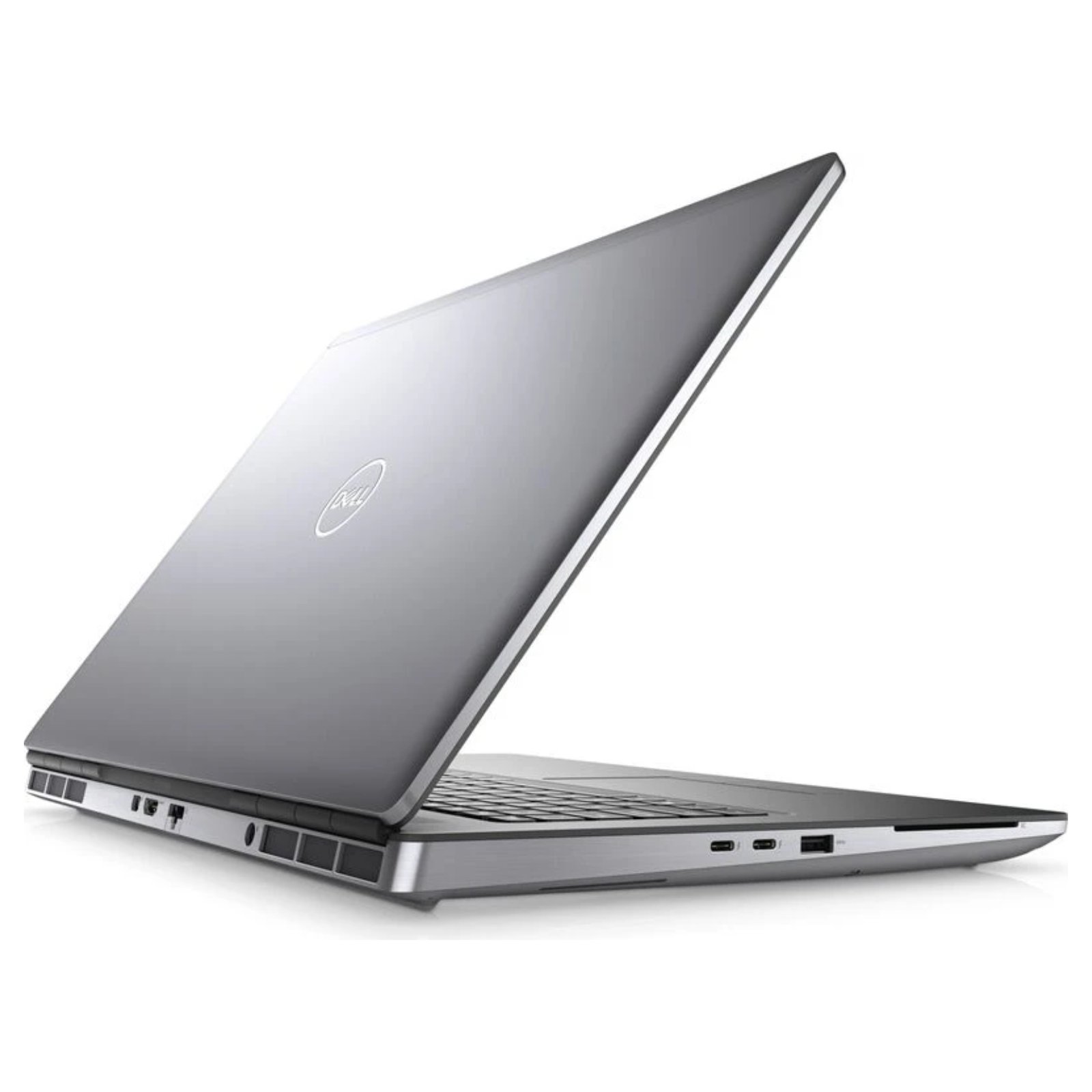Workstation Portátil Dell Precision 7760 recondicionado JANSit – Vista lateral traseira em perspetiva da estação de trabalho de 17,3 polegadas, exibindo as grelhas de ventilação reforçadas, portas Thunderbolt 4, saídas de vídeo HDMI e DisplayPort e entrada de energia. Com garantia JANSit.