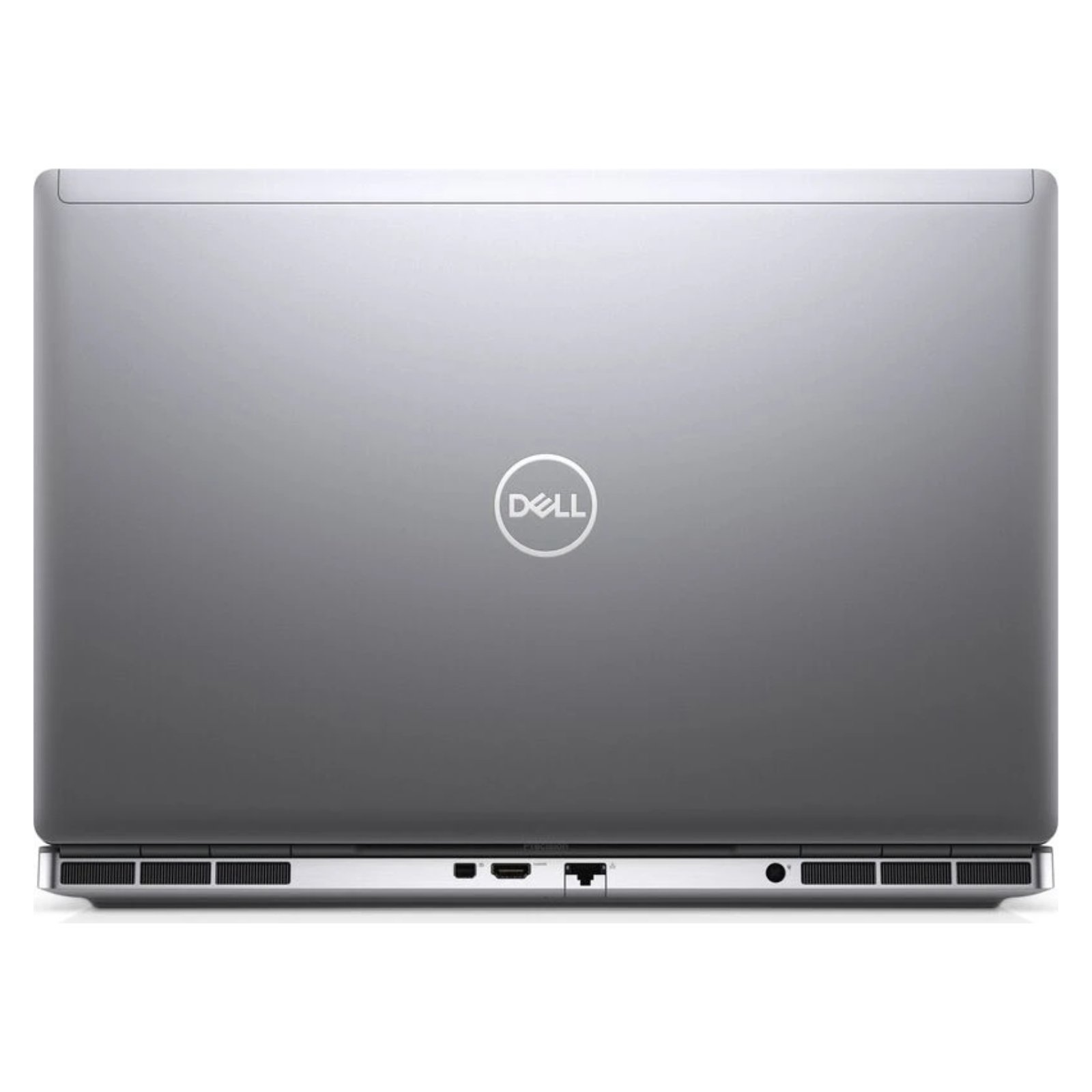 Workstation Portátil Dell Precision 7760 recondicionado JANSit – Vista traseira da estação de trabalho móvel de 17,3 polegadas, exibindo o painel com portas HDMI, Mini DisplayPort, rede Ethernet RJ45, entrada de energia e grelhas de ventilação industriais. Com garantia JANSit.