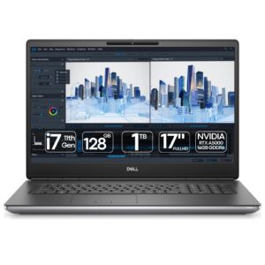 Workstation Portátil Dell Precision 7760 recondicionado JANSit – Estação de trabalho móvel profissional de 17,3 polegadas com processador Intel Core i7 e placa gráfica NVIDIA RTX A5000. Vista frontal do portátil aberto, exibindo o ecrã antirreflexo e o teclado completo com teclado numérico. Com garantia JANSit.