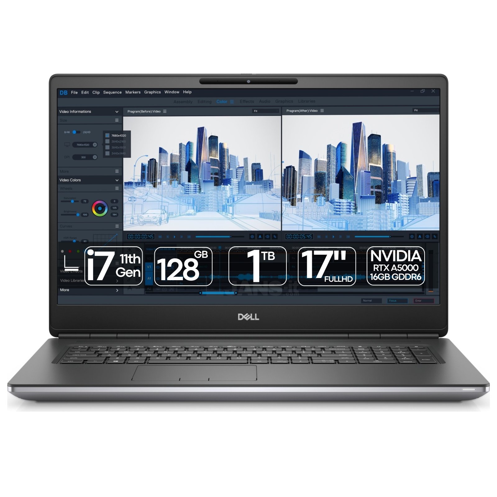 Workstation Portátil Dell Precision 7760 recondicionado JANSit – Estação de trabalho móvel profissional de 17,3 polegadas com processador Intel Core i7 e placa gráfica NVIDIA RTX A5000. Vista frontal do portátil aberto, exibindo o ecrã antirreflexo e o teclado completo com teclado numérico. Com garantia JANSit.