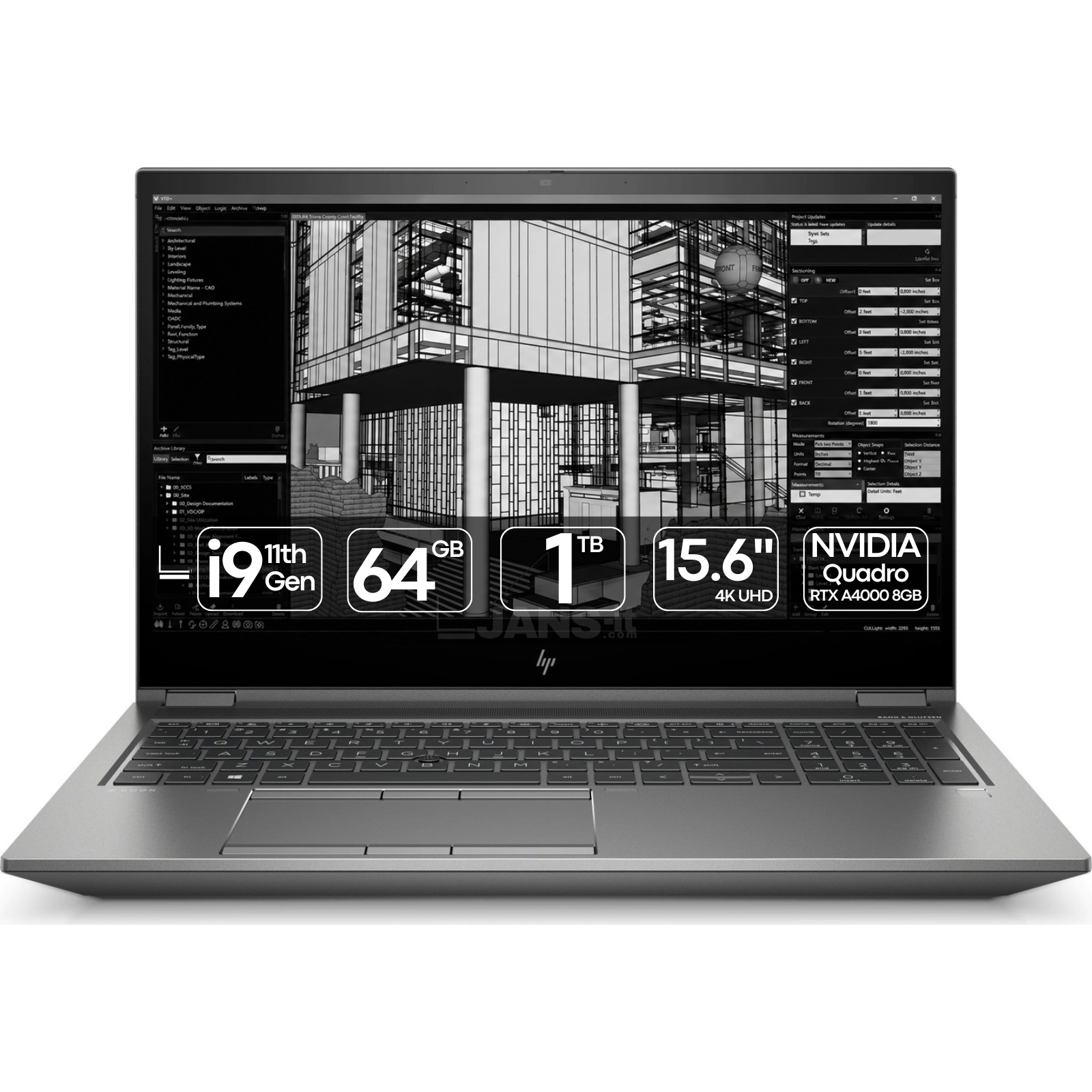 Workstation Portátil HP ZBook Fury 15 G8 recondicionado JANSit – Portátil profissional de 15.6 polegadas com processador Intel Core i9 e gráfica NVIDIA RTX A4000. Vista frontal do equipamento aberto, exibindo o ecrã, teclado retroiluminado em português com teclado numérico e chassis premium cinzento-escuro. Com garantia JANSit.