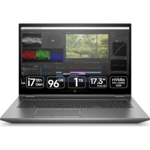 Workstation Portátil HP ZBook 17 G8 Fury recondicionada JANSit – Estação de trabalho móvel topo de gama de 17,3 polegadas, com placa gráfica NVIDIA RTX A5000 e 96GB RAM. Vista frontal do portátil aberto, exibindo o ecrã profissional e teclado completo com teclado numérico. Com garantia JANSit.