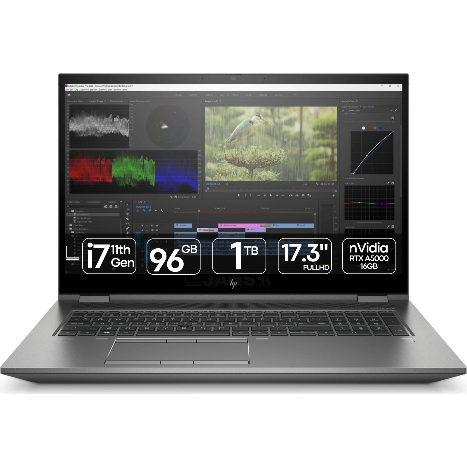Workstation Portátil HP ZBook 17 G8 Fury recondicionada JANSit – Estação de trabalho móvel topo de gama de 17,3 polegadas, com placa gráfica NVIDIA RTX A5000 e 96GB RAM. Vista frontal do portátil aberto, exibindo o ecrã profissional e teclado completo com teclado numérico. Com garantia JANSit.