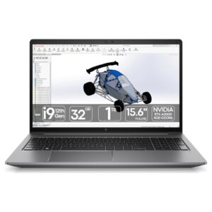 Workstation Portátil HP ZBook Power 15 G9 recondicionado JANSit – Workstation móvel de alta performance com ecrã de 15.6 polegadas e processador Intel Core i9. Vista frontal do equipamento aberto, exibindo o ecrã antirreflexo de molduras finas, teclado em português com teclado numérico dedicado, trackpad generoso e o chassis premium em alumínio cinzento. Com garantia JANSit.