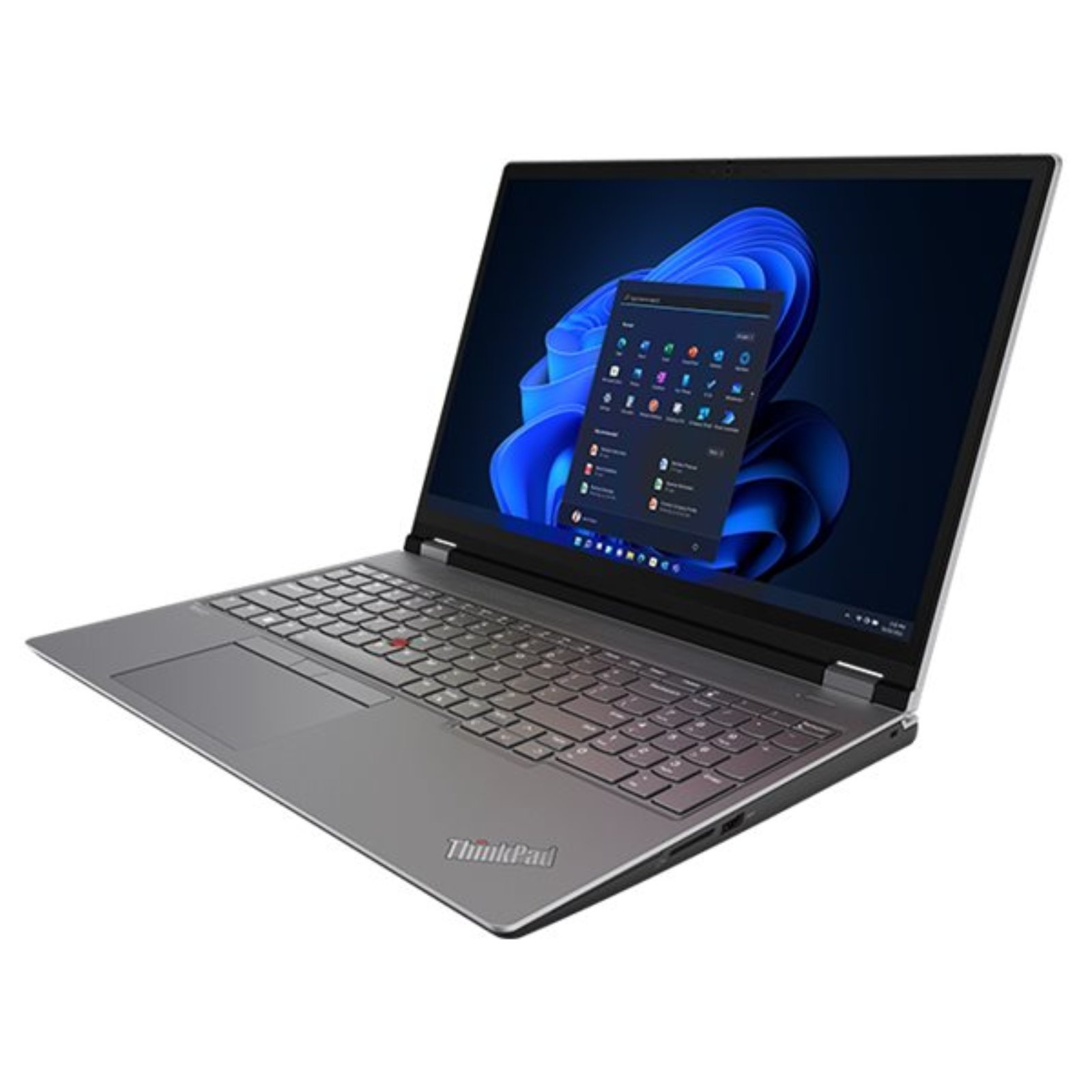 Workstation Portátil Lenovo ThinkPad P16 G1 recondicionado JANSit – Vista lateral direita da estação de trabalho de 16 polegadas, exibindo o perfil do chassis na cor cinzento escuro, grelhas de ventilação e porta USB-C. Com garantia JANSit.