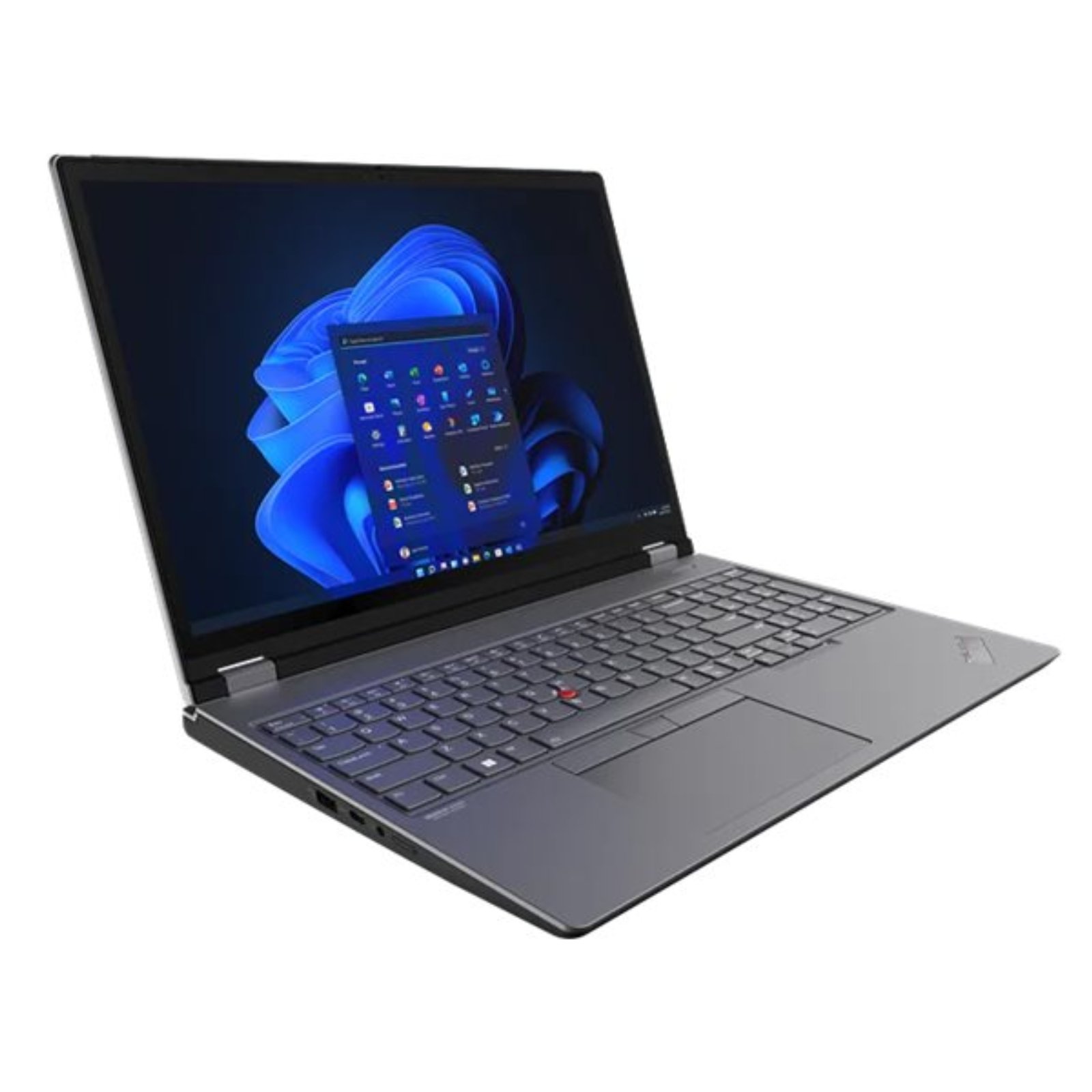 Workstation Portátil Lenovo ThinkPad P16 G1 recondicionado JANSit – Vista lateral esquerda da estação de trabalho de 16 polegadas, exibindo o perfil do chassis na cor cinzento escuro, portas USB 3.2 Type-A, entrada combo de áudio e leitor de cartões SD. Com garantia JANSit.