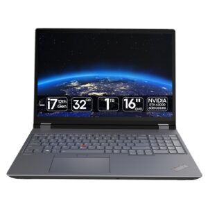 Workstation Portátil Lenovo ThinkPad P16 G1 recondicionado JANSit – Estação de trabalho móvel de 16 polegadas com processador Intel Core i7 e placa gráfica NVIDIA RTX A3000. Vista frontal do portátil aberto, exibindo o ecrã profissional com formato 16:10 e o teclado completo com TrackPoint. Com garantia JANSit.