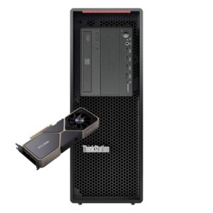 Workstation Lenovo ThinkStation P520 recondicionada JANSit – Estação de trabalho de alto desempenho em formato torre com placa gráfica NVIDIA GeForce RTX 3080. Vista frontal do chassis com puxadores integrados e grelha de ventilação em colmeia. Com garantia JANSit.
