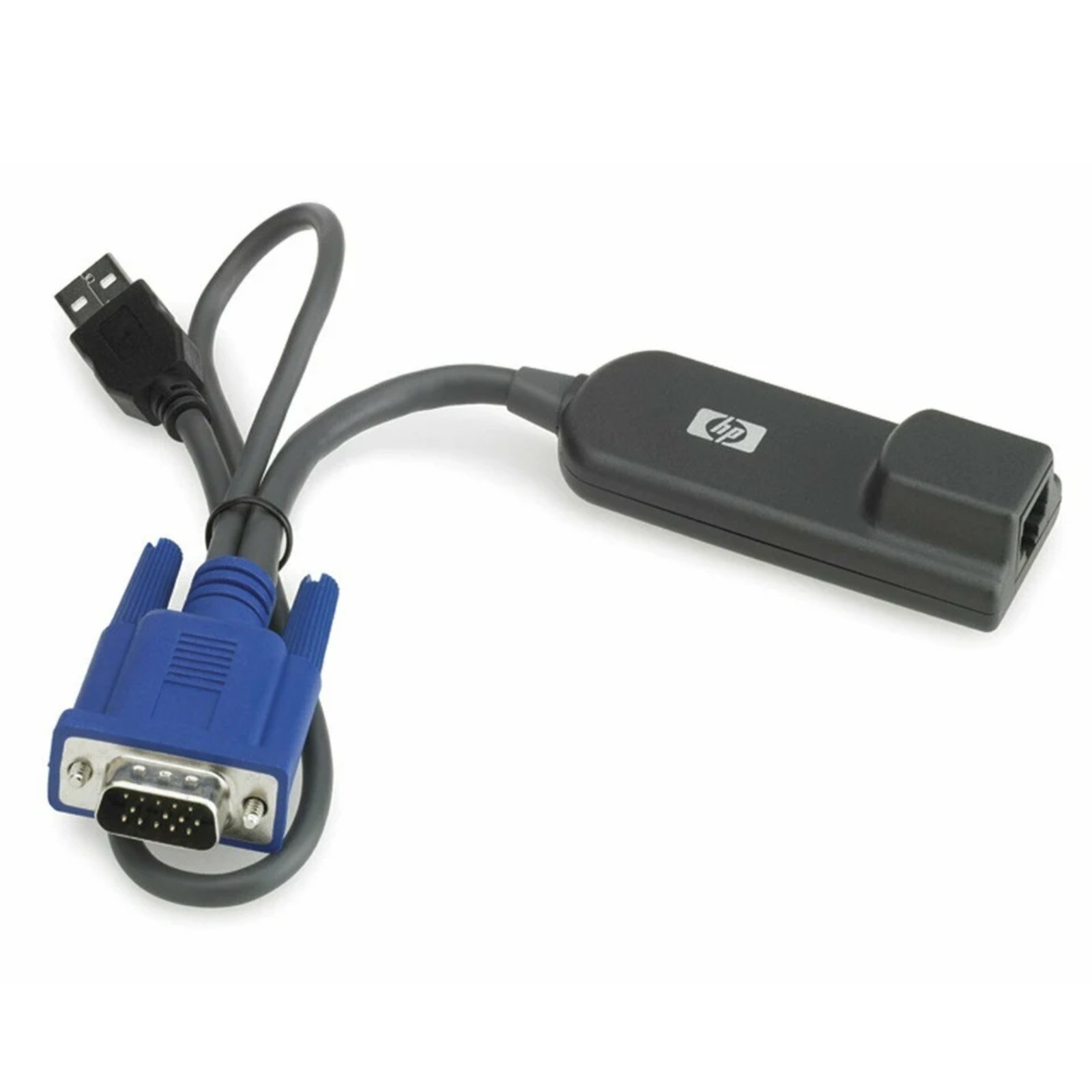 Imagem principal do cabo adaptador de interface KVM USB HPE (Part Number AF629A) recondicionado. Este módulo adaptador compacto conecta servidores HP ProLiant e outras marcas a switches de consola KVM através de cabos de rede estruturados UTP/CAT5, integrando saída de vídeo VGA e portas USB para controlo direto de teclado e rato. Um acessório essencial de infraestrutura de TI disponível na JANSit, ideal para otimizar o cablamento e simplificar a gestão de servidores em bastidores e centros de dados.