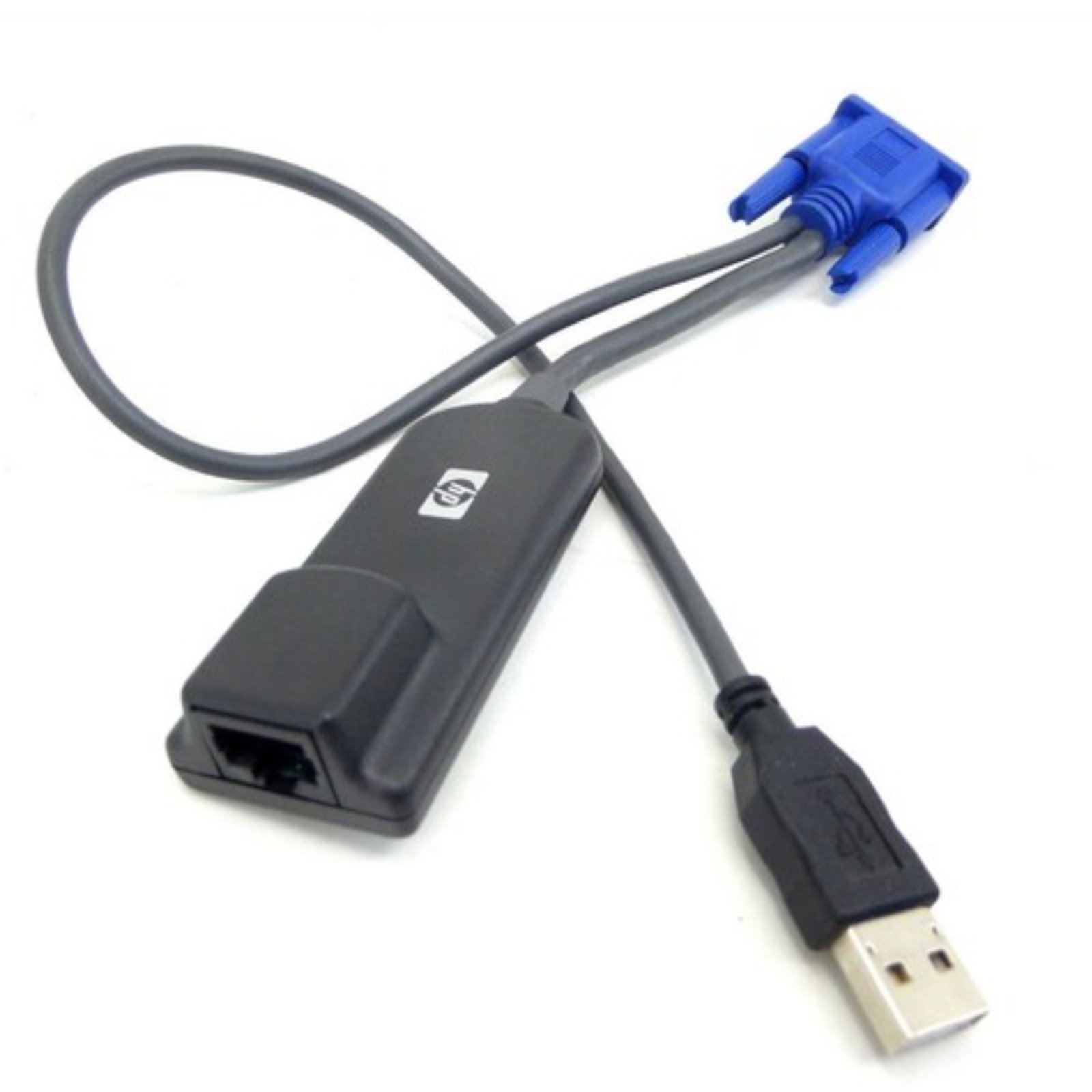 Detalhe da parte traseira do cabo adaptador de interface KVM USB HPE (Part Number AF629A) recondicionado. Esta imagem destaca a porta de entrada RJ-45 blindada para cablagem de rede estruturada UTP/STP Cat5e/Cat6, permitindo a transmissão de sinais de vídeo, teclado e rato a longas distâncias diretamente para switches de consola HP Server Console Switch G2. Um componente de conectividade essencial disponível na JANSit para simplificar o encaminhamento de cabos em bastidores de servidores empresariais.