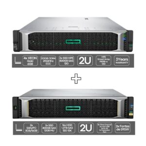Bundle Servidor HP ProLiant DL560 Gen10 e Armazenamento HPE MSA 2050 SAN FC 24x SFF recondicionados JANSit – Vista frontal do conjunto para rack, exibindo o servidor DL560 G10 e o sistema de armazenamento MSA 2050 com 24 baías de discos SFF, painéis e LED indicadores de estado. Com garantia JANSit.