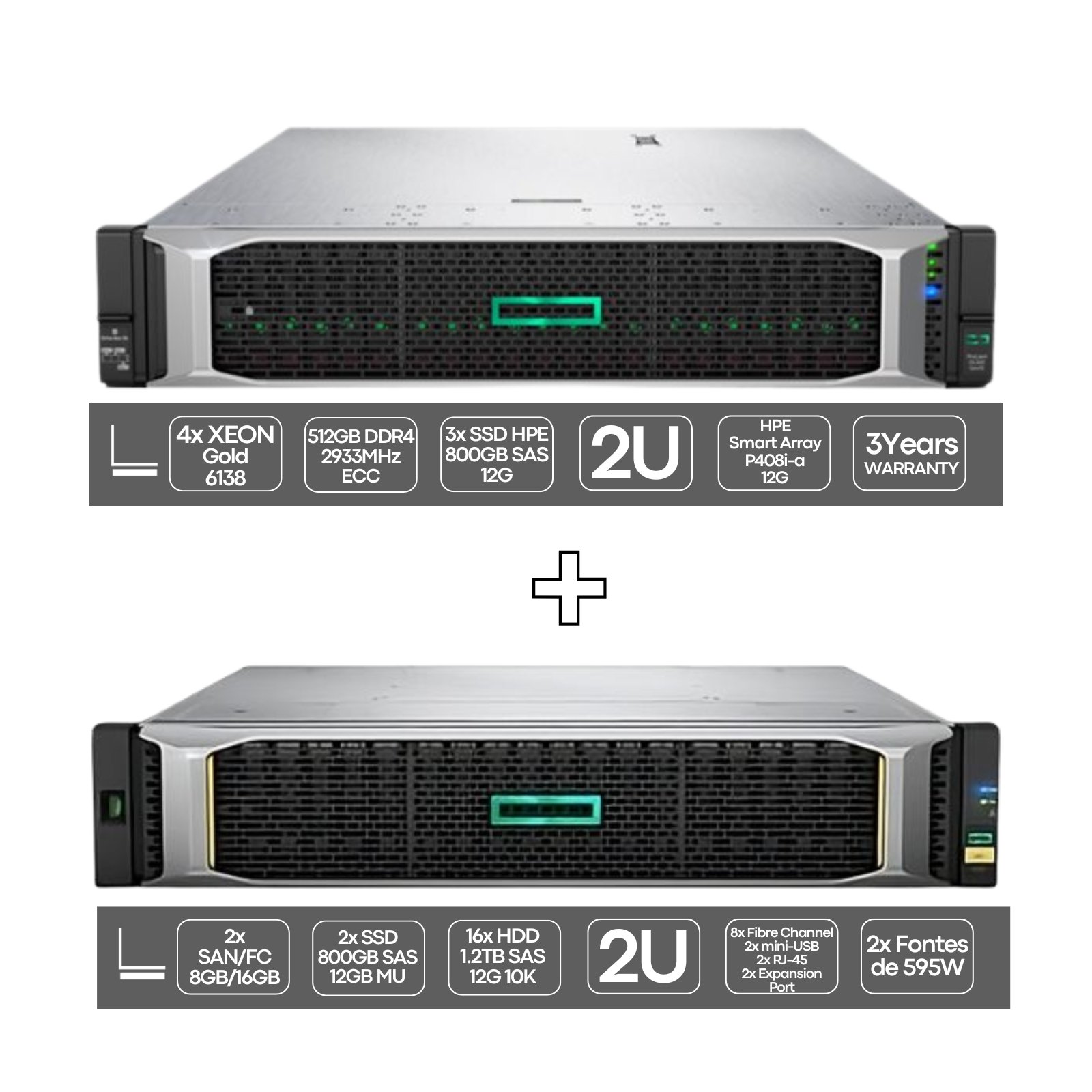 Bundle Servidor HP ProLiant DL560 Gen10 e Armazenamento HPE MSA 2050 SAN FC 24x SFF recondicionados JANSit – Vista frontal do conjunto para rack, exibindo o servidor DL560 G10 e o sistema de armazenamento MSA 2050 com 24 baías de discos SFF, painéis e LED indicadores de estado. Com garantia JANSit.