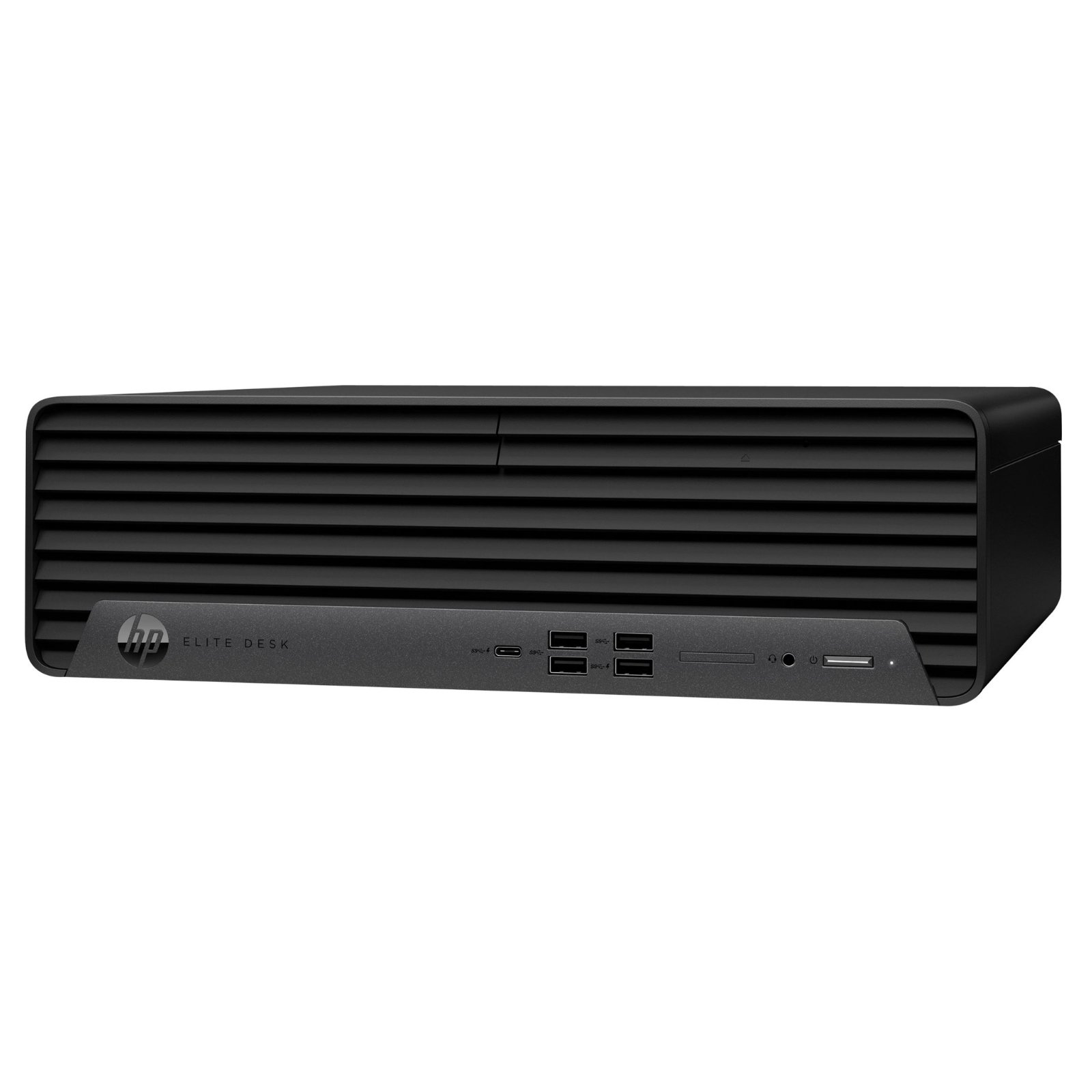 Computador HP Elite 600 G9 SFF recondicionado JANSit – Vista lateral direita do computador de secretária compacto, exibindo o painel lateral em aço preto e a estrutura sólida do chassis Small Form Factor. Com garantia JANSit.