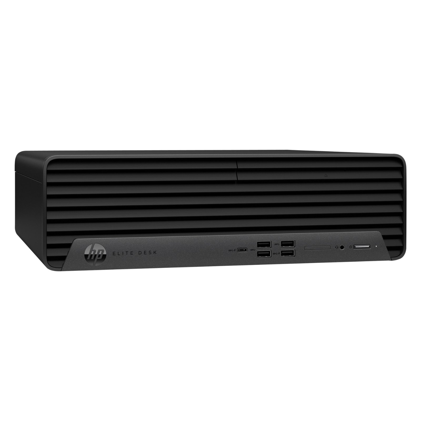 Computador HP Elite 600 G9 SFF recondicionado JANSit – Vista lateral esquerda do computador de secretária compacto, exibindo o painel metálico preto, a grelha de ventilação e o fecho de abertura rápida do chassis Small Form Factor. Com garantia JANSit.