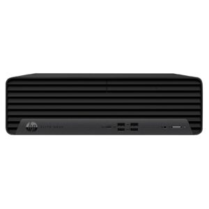 Computador HP Elite 600 G9 SFF recondicionado JANSit – Computador de secretária profissional compacto. Vista frontal do chassis Small Form Factor (SFF), exibindo a grelha de ventilação frontal, o logótipo HP, as portas USB Type-C, USB Type-A e a tomada para auscultadores no acabamento preto e prateado. Com garantia JANSit.