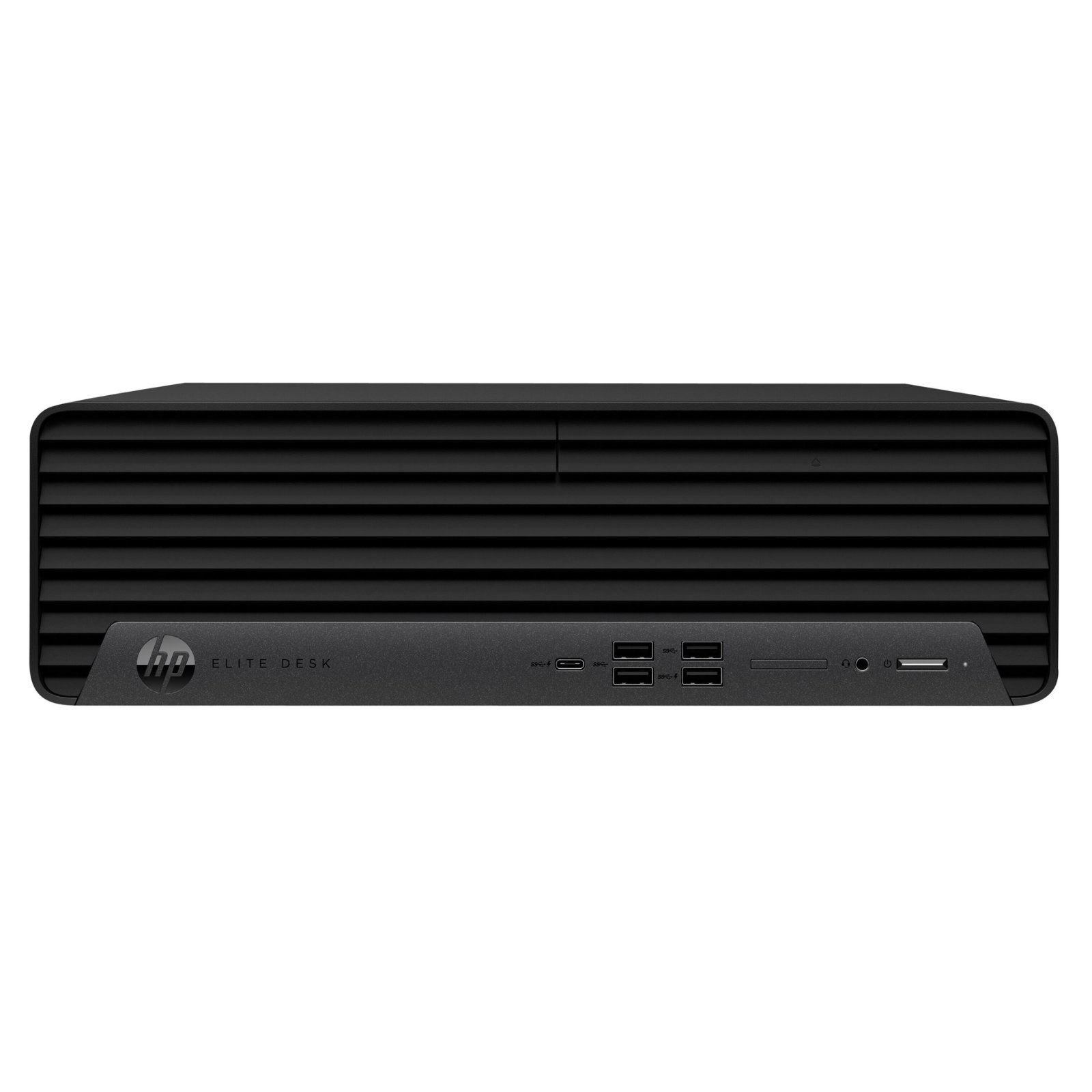 Computador HP Elite 600 G9 SFF recondicionado JANSit – Computador de secretária profissional compacto. Vista frontal do chassis Small Form Factor (SFF), exibindo a grelha de ventilação frontal, o logótipo HP, as portas USB Type-C, USB Type-A e a tomada para auscultadores no acabamento preto e prateado. Com garantia JANSit.