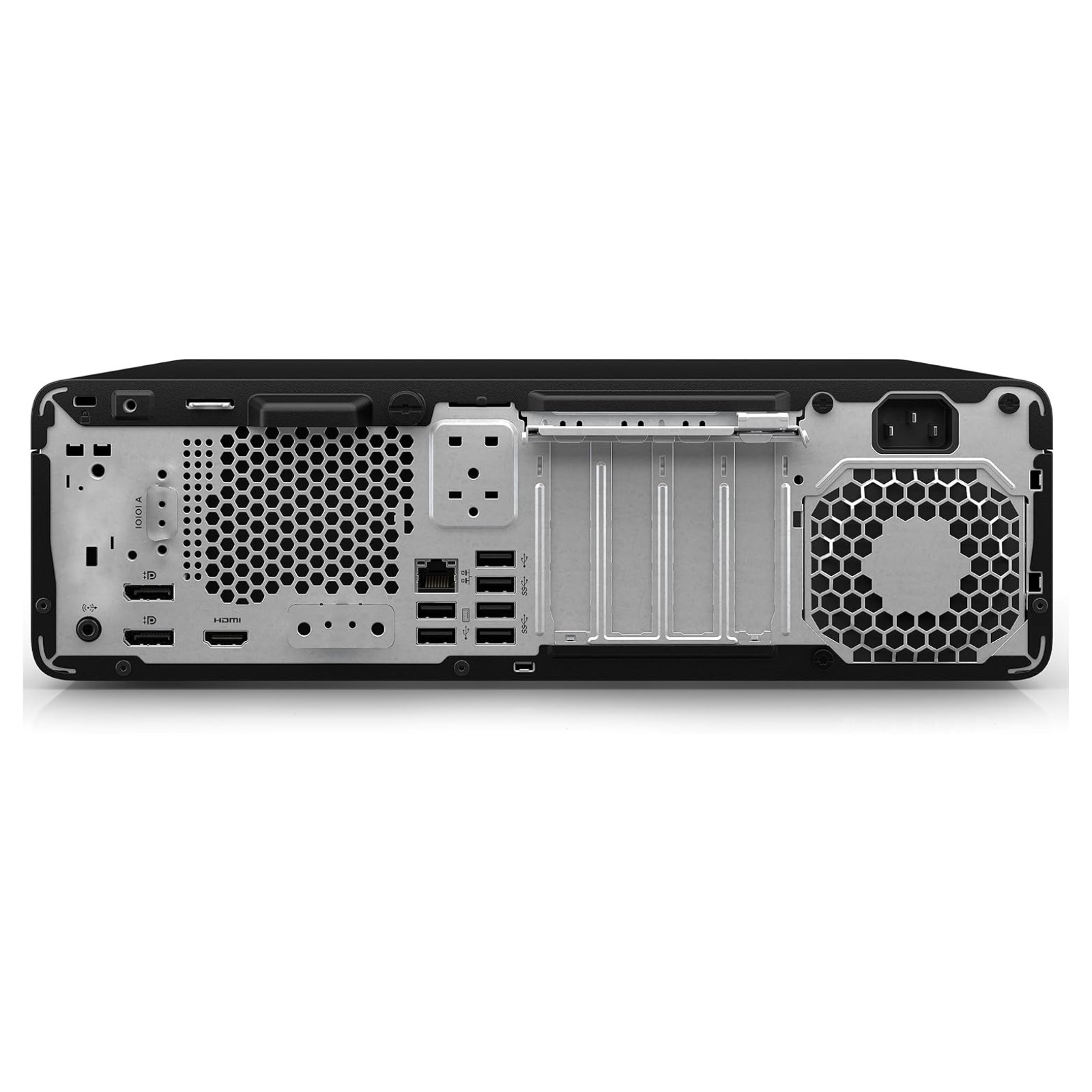 Computador HP Elite 600 G9 SFF recondicionado JANSit – Vista traseira do computador de secretária compacto, exibindo o painel de portas com saídas DisplayPort e HDMI, portas USB, entrada de rede RJ-45, ranhuras de expansão PCIe e a fonte de alimentação no chassis Small Form Factor. Com garantia JANSit.