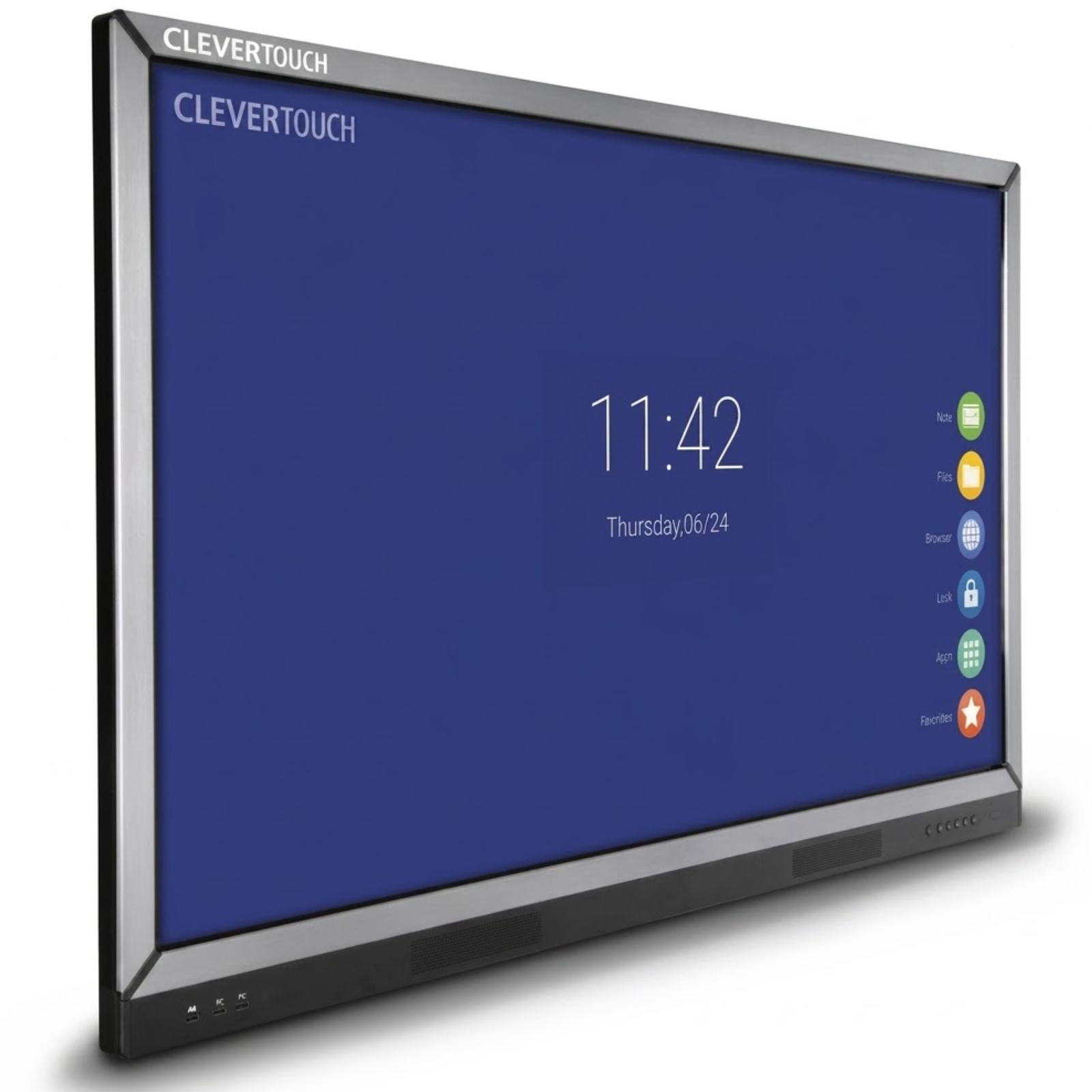 Detalhe da lateral esquerda do ecrã interativo recondicionado Clevertouch V-Series 4th Gen de 65 polegadas 4K. Esta imagem destaca o perfil robusto da estrutura metálica, a ranhura de ventilação passiva e o painel de conectividade lateral de fácil acesso, que inclui portas HDMI, USB Touch para interatividade com computadores externos e entradas USB para periféricos e pen drives. Uma solução de apresentação dinâmica disponível na JANSit, excelente para montagem em suportes móveis ou de parede em salas de reunião, auditórios e ambientes escolares.