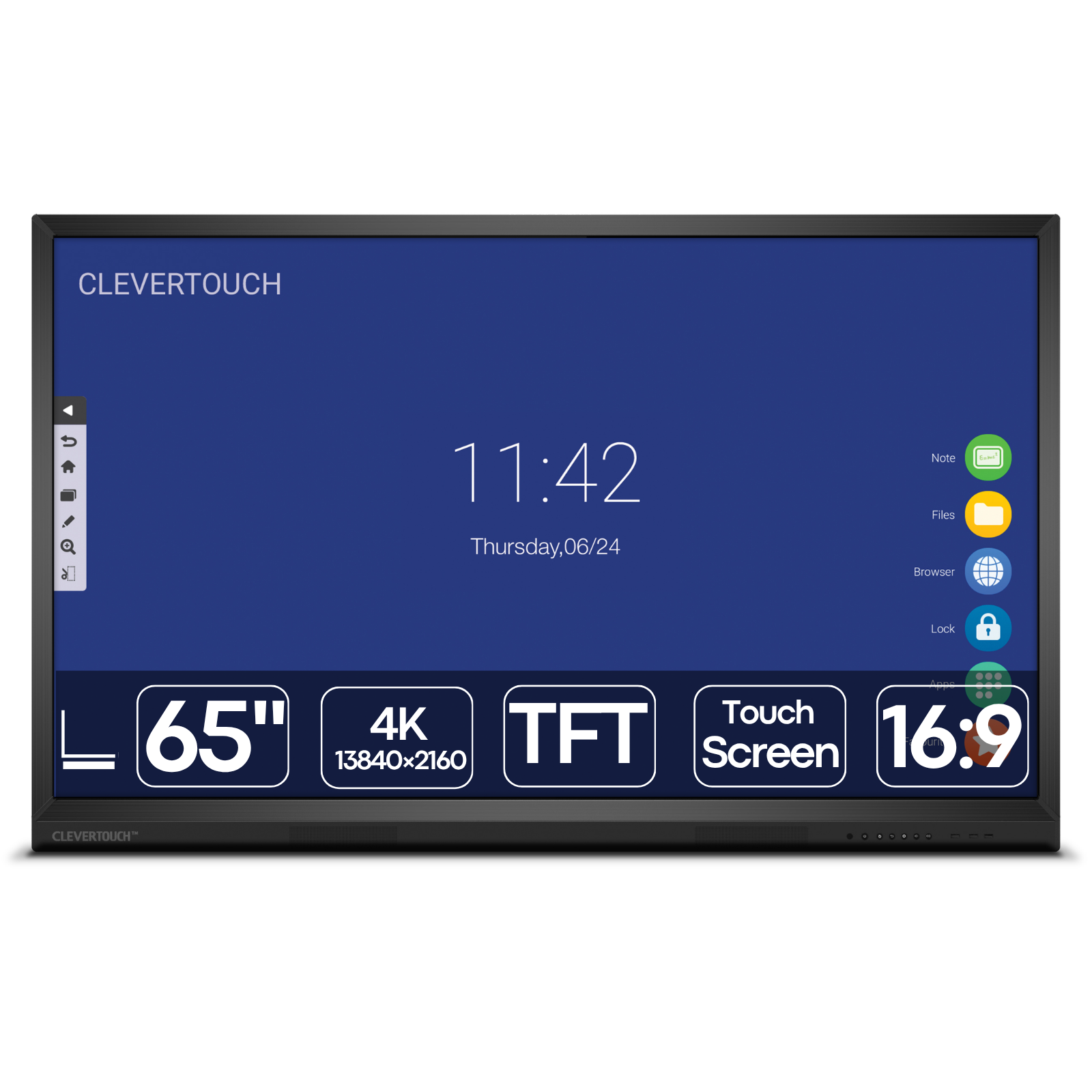 Imagem principal do monitor interativo profissional recondicionado Clevertouch V-Series 4th Gen de 65 polegadas. Esta fotografia destaca o ecrã táctil com resolução 4K Ultra HD, vidro de segurança antirreflexo de alta resistência, tecnologia multitoque de resposta rápida e botões frontais de controlo de fácil acesso. Uma solução colaborativa avançada disponível na JANSit, ideal para salas de reuniões empresariais, videoconferências, formação corporativa e salas de aula modernas que exigem interatividade e dinamismo.