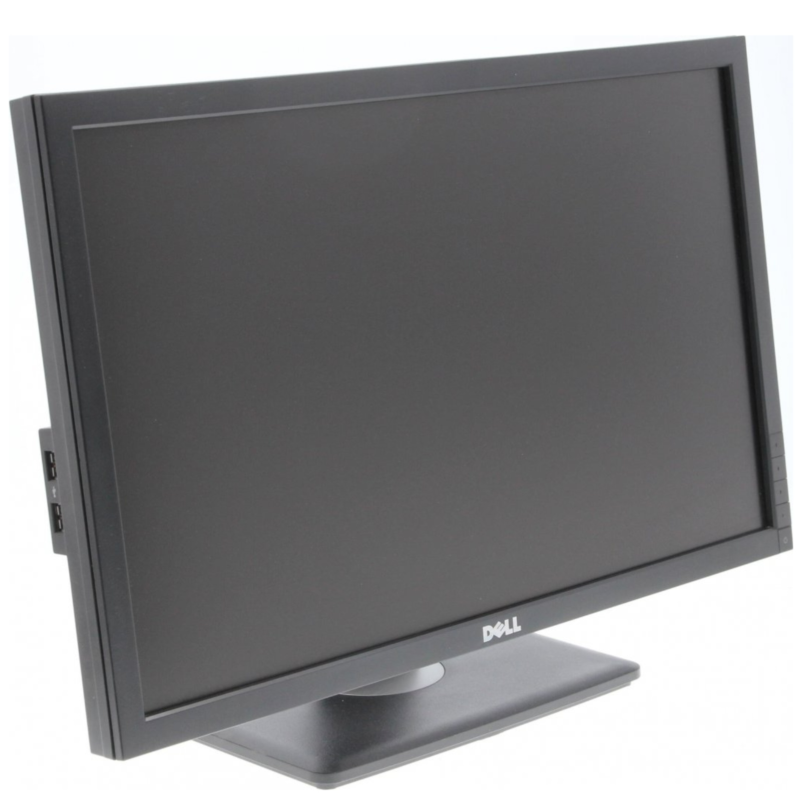 Detalhe da lateral esquerda do monitor profissional recondicionado Dell P2311HB de 23 polegadas Full HD. Esta imagem destaca a linha robusta do chassi e o acesso prático ao hub lateral com 2 portas USB 2.0 integradas, ideais para ligar facilmente pens drive, adaptadores, teclado ou rato sem necessidade de aceder à torre do computador. Um monitor ergonómico disponível na JANSit, excelente para otimizar o espaço e a conetividade em secretárias de escritórios, empresas e teletrabalho.