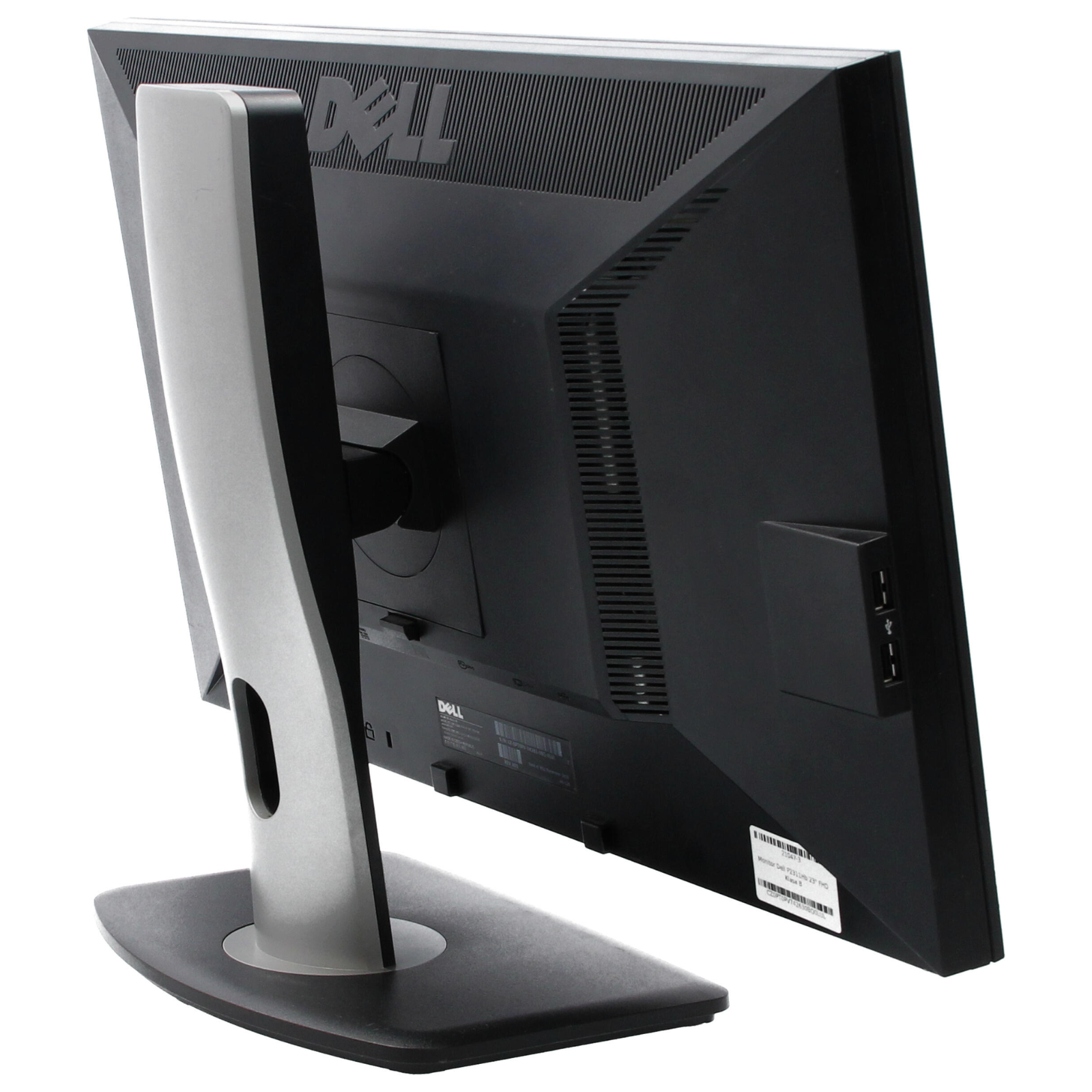 Detalhe do painel traseiro do monitor profissional recondicionado Dell P2311HB de 23 polegadas Full HD. Esta imagem destaca as opções de conectividade integradas, incluindo entradas de vídeo DVI-D com HDCP e VGA (D-Sub), porta USB 2.0 upstream para ligação ao computador, portas USB downstream, padrão de montagem VESA 100x100 mm para suportes articulados e o canal para gestão e arrumação de cabos no suporte ergonómico. Uma solução fiável e prática disponível na JANSit, perfeita para manter a secretária organizada em empresas e escritórios.