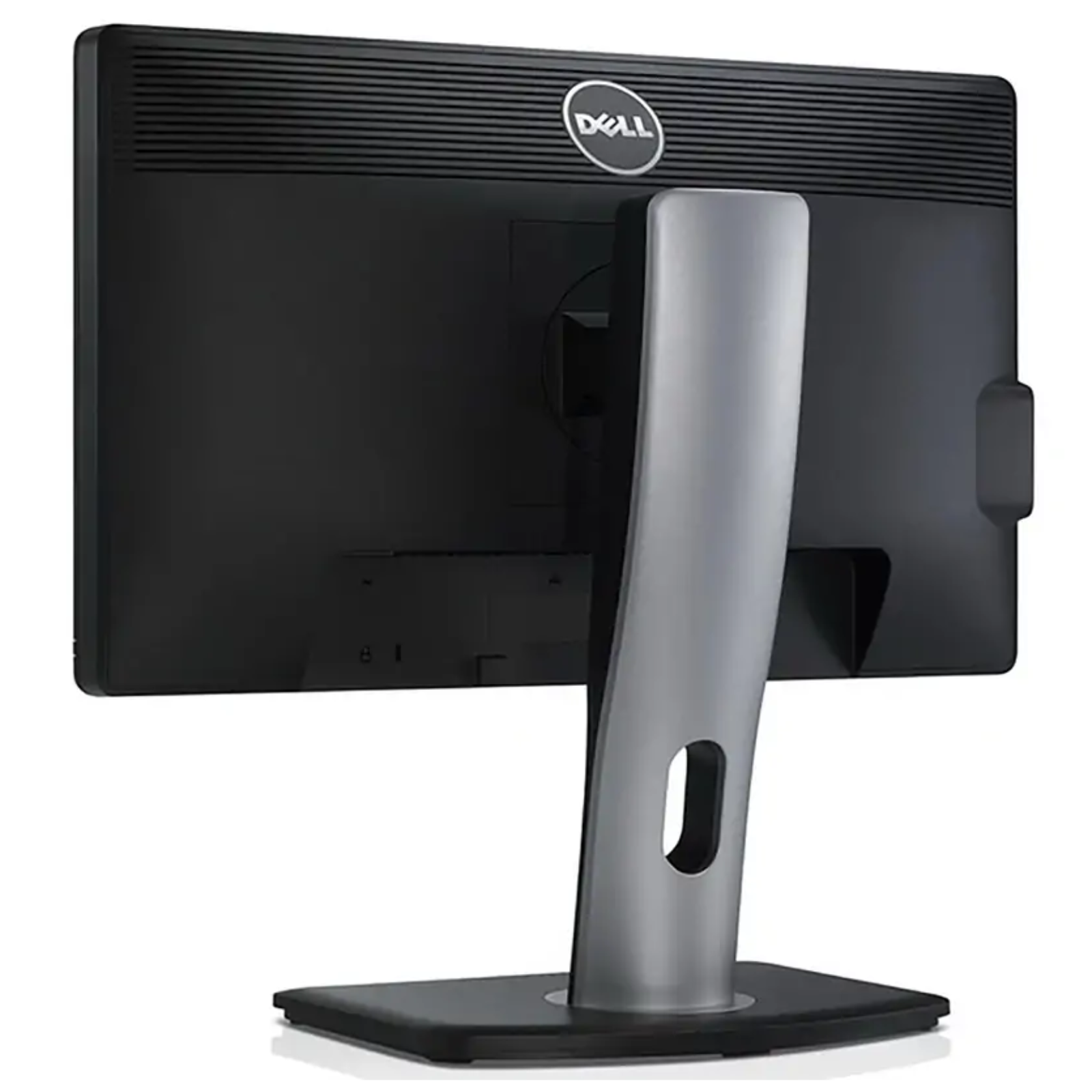 Detalhe do painel traseiro do monitor profissional recondicionado Dell P2312HT de 23 polegadas Full HD. Esta imagem destaca as opções de conectividade integradas, incluindo entradas de vídeo DVI-D e VGA (D-Sub), portas USB 2.0 upstream/downstream, padrão de montagem VESA 100x100 mm para braços articulados ou suportes de parede e o prático orifício de gestão de cabos no suporte ergonómico. Uma solução fiável e versátil disponível na JANSit, perfeita para manter a secretária organizada em escritórios e ambientes corporativos.
