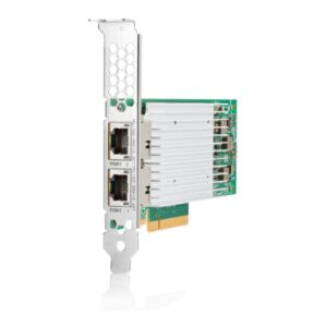 Placa de Rede HP 521T Ethernet 10GbE 2-Port recondicionada JANSit – Vista geral da placa de rede PCIe para servidores, exibindo as duas portas RJ-45 de 10 Gigabit, o dissipador de calor metálico, o circuito impresso verde e o espelho de fixação. Com garantia JANSit.