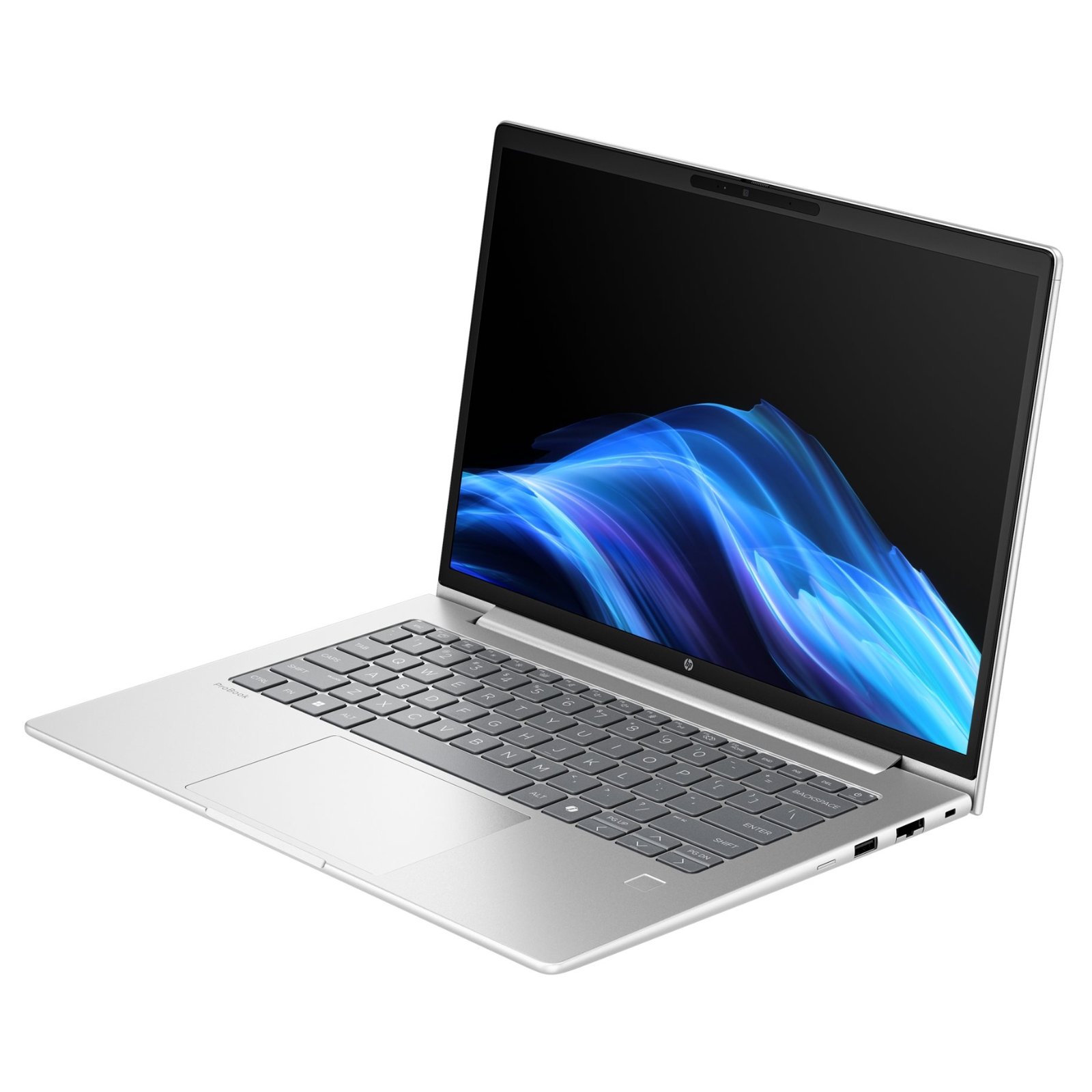 Portátil HP ProBook 4 G1i 16 Novo em Caixa Aberta JANSit – Vista lateral direita do portátil empresarial de 16 polegadas, exibindo a porta de rede RJ-45, a porta USB Type-A, a tomada combinada para auscultadores/microfone e o perfil fino do chassis prateado em estado impecável. Com garantia JANSit.