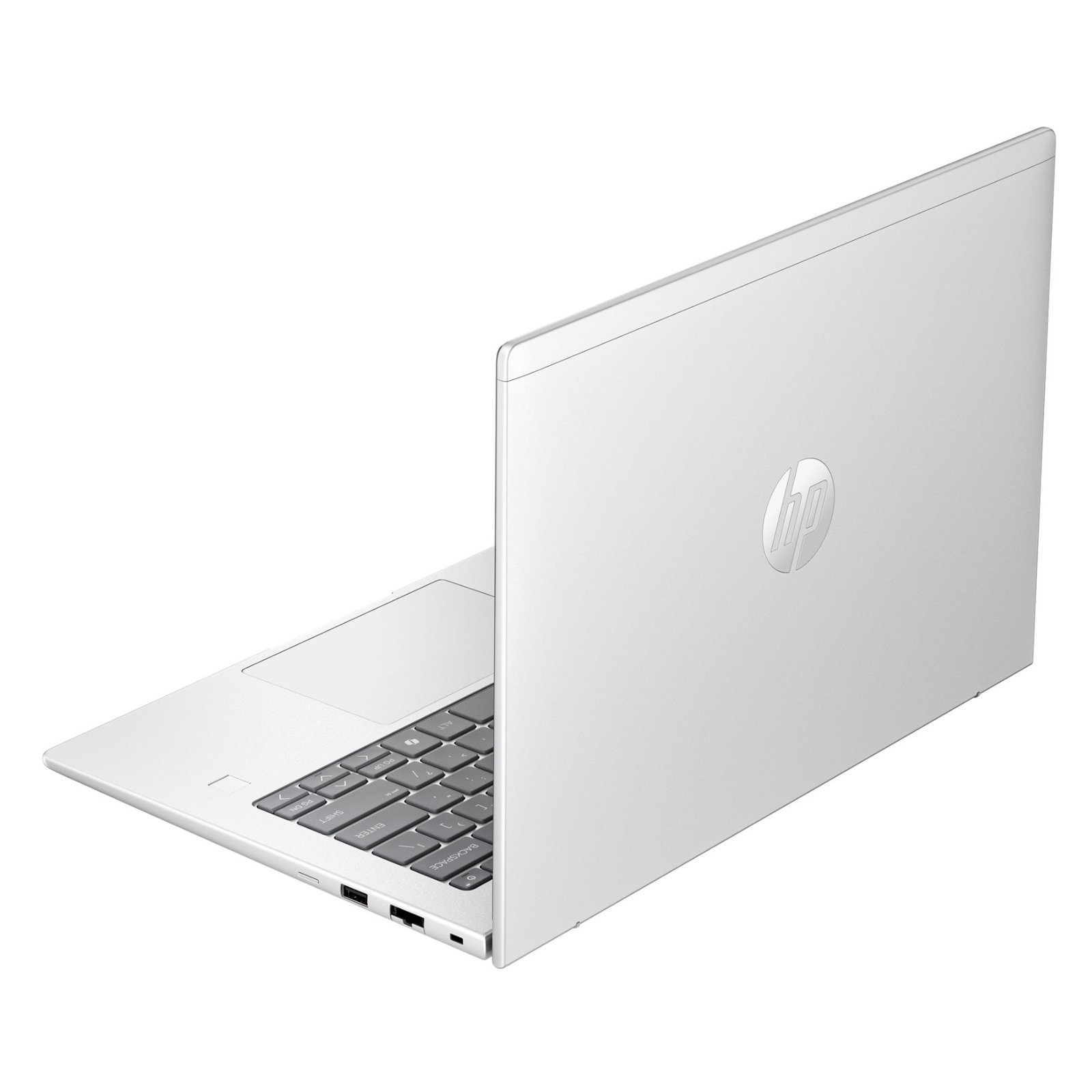 Portátil HP ProBook 4 G1i 16 Novo em Caixa Aberta JANSit – Vista traseira do portátil fechado, exibindo a tampa em alumínio prateado com o logótipo HP em destaque, a zona da dobradiça e o perfil fino de 16 polegadas em estado impecável. Com garantia JANSit.