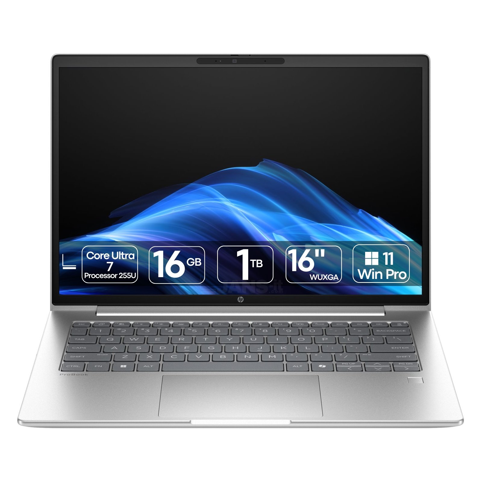 Portátil HP ProBook 4 G1i 16 Intel Core Ultra 7 Novo em Caixa Aberta JANSit – Vista frontal do portátil empresarial de 16 polegadas aberto, exibindo o ecrã amplo com molduras finas, teclado completo retroiluminado com teclado numérico em português e chassis prateado em excelente estado. Com garantia JANSit.