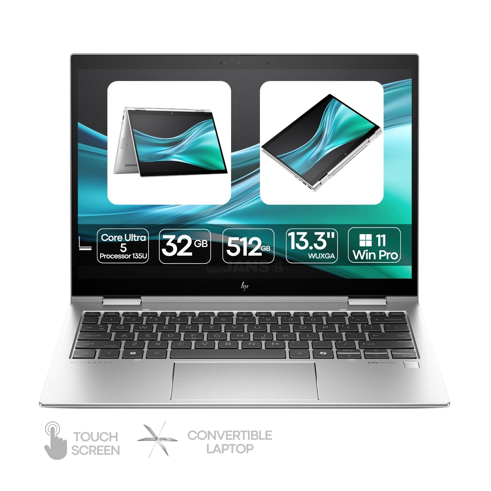 Portátil HP Elite x360 830 G11 Intel Core Ultra 5 recondicionado JANSit – Portátil conversível 2 em 1 de 13.3 polegadas. Vista frontal com o equipamento aberto, exibindo o ecrã tátil de molduras finas, teclado retroiluminado em português, trackpad de precisão e chassis em alumínio prateado. Com garantia JANSit.