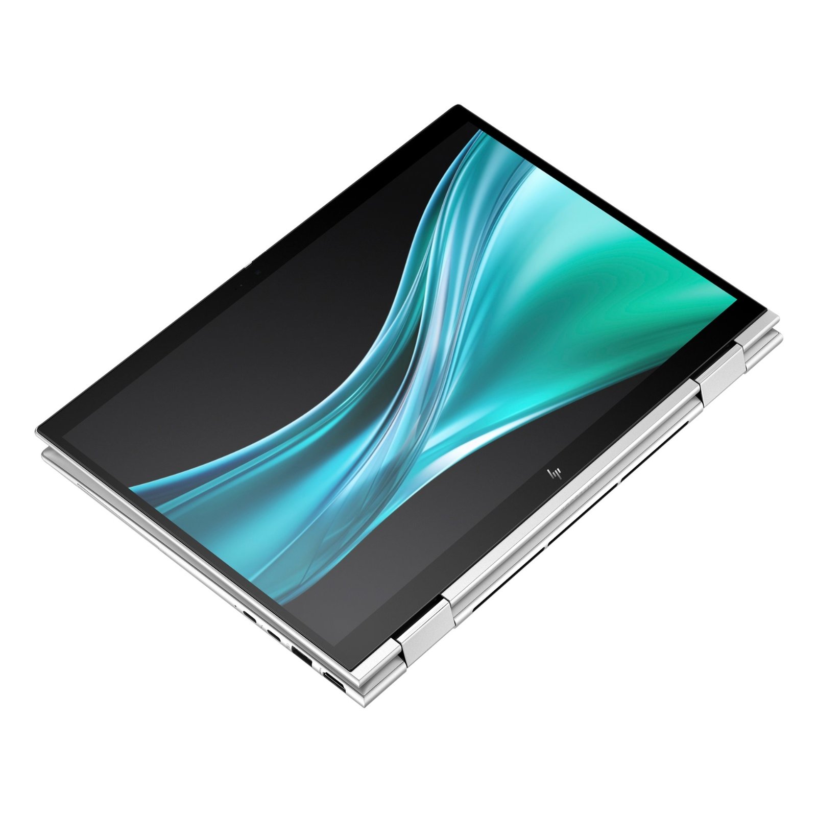 Portátil HP Elite x360 830 G11 recondicionado JANSit – Vista do portátil conversível 2 em 1 totalmente dobrado em modo tablet, exibindo o ecrã tátil de 13.3 polegadas, a dobradiça de 360 graus e o perfil compacto em alumínio prateado. Com garantia JANSit.