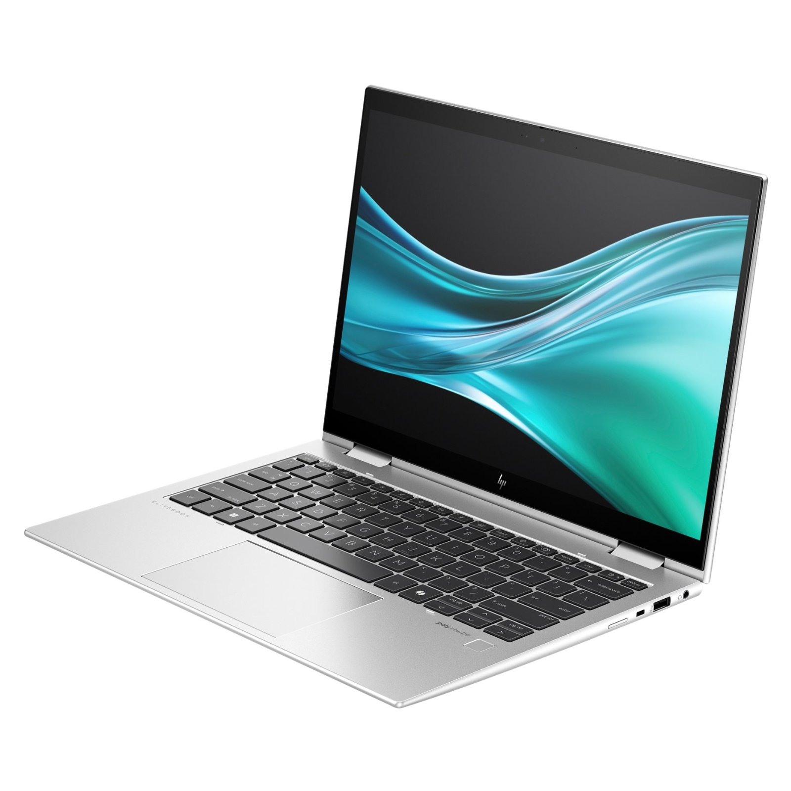 Portátil HP Elite x360 830 G11 recondicionado JANSit – Vista lateral direita do portátil conversível 2 em 1 de 13.3 polegadas, exibindo a porta USB Type-A, a tomada para auscultadores/microfone e a ranhura para cabo de segurança no chassis ultra fino em alumínio prateado. Com garantia JANSit.