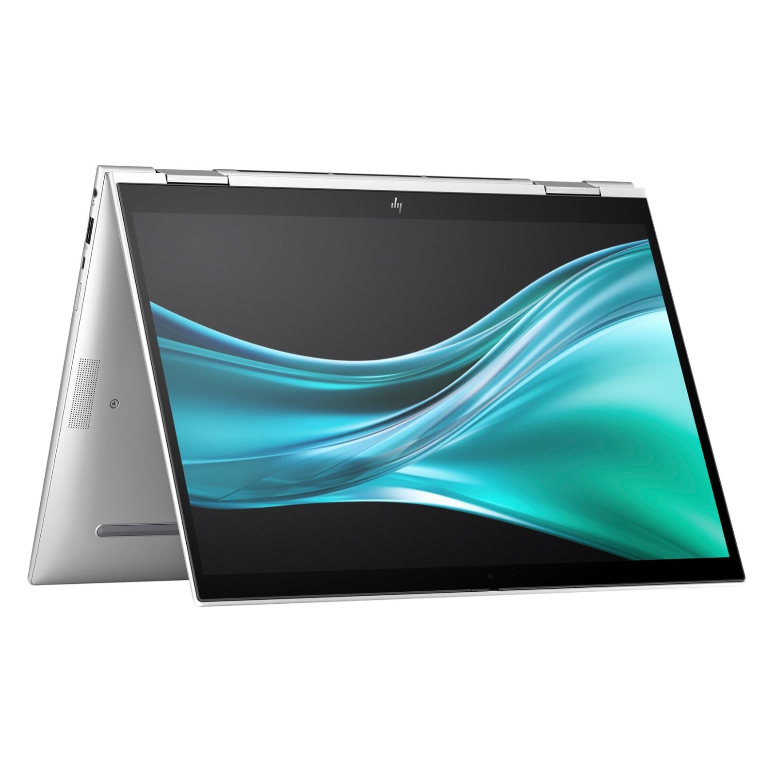 Portátil HP Elite x360 830 G11 recondicionado JANSit – Vista lateral do portátil conversível 2 em 1 em modo dobrável, destacando a dobradiça de 360 graus, o ecrã tátil rotativo e a estrutura fina e flexível em alumínio prateado. Com garantia JANSit.