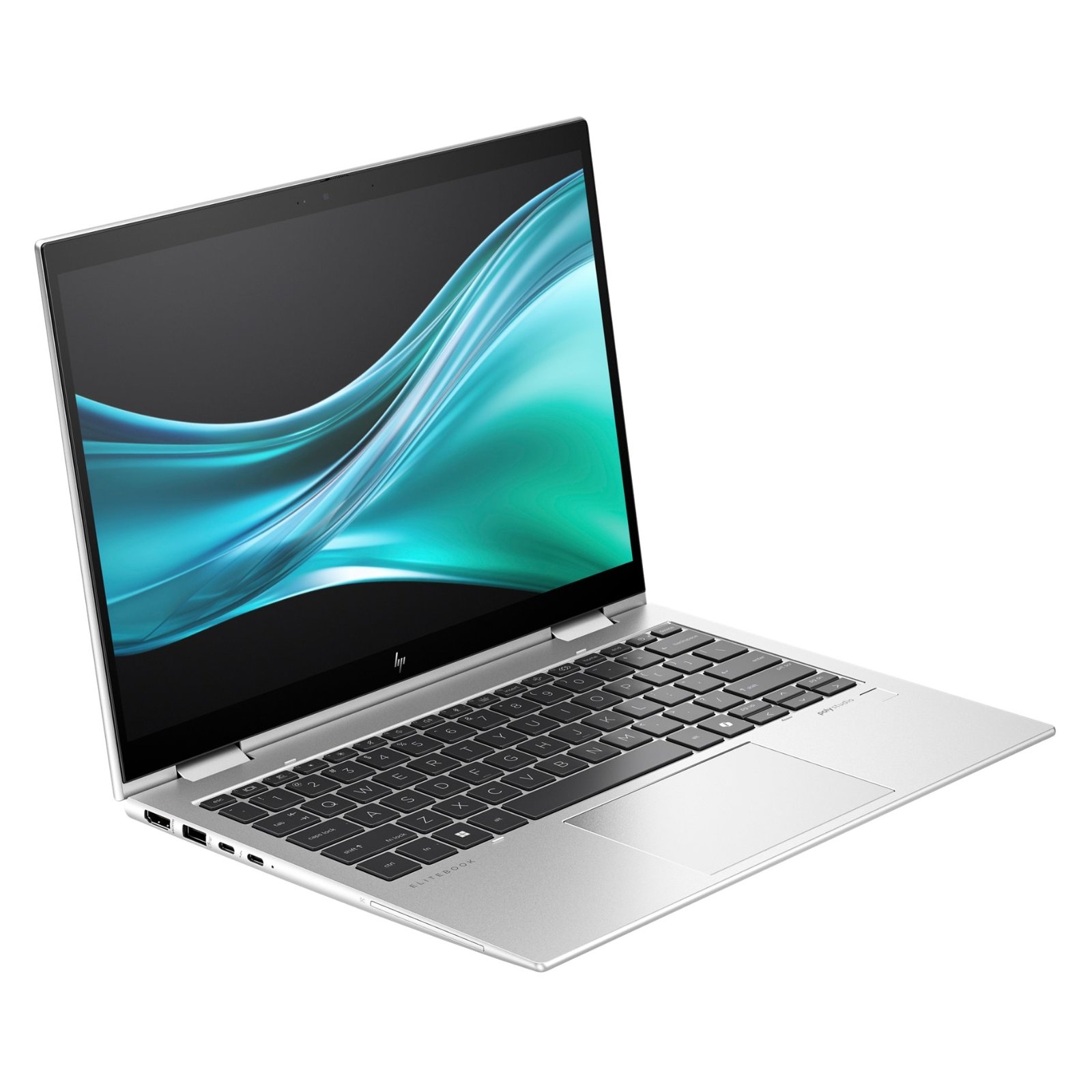 Portátil HP Elite x360 830 G11 recondicionado JANSit – Vista lateral esquerda do portátil conversível 2 em 1 de 13.3 polegadas, exibindo as portas USB Type-C / Thunderbolt 4, a saída de vídeo HDMI e o perfil ultra fino no chassis prateado em alumínio. Com garantia JANSit.