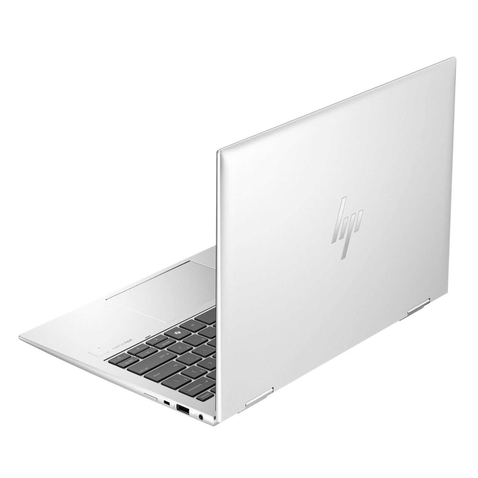 Portátil HP Elite x360 830 G11 recondicionado JANSit – Vista traseira do portátil conversível 2 em 1, exibindo a tampa em alumínio prateado com o logótipo premium da HP, as dobradiças reforçadas de 360 graus e o perfil ultra fino com o equipamento fechado. Com garantia JANSit.