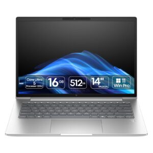 Portátil HP EliteBook 6 G1i 14 Intel Core Ultra 5 recondicionado JANSit – Portátil profissional de 14 polegadas. Vista frontal com o equipamento aberto, exibindo o ecrã antirreflexo de molduras finas, teclado em português, trackpad espaçoso e chassis elegante em alumínio prateado. Com garantia JANSit.